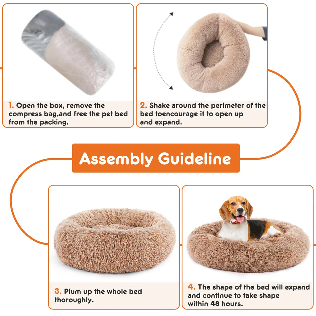 Calming Dog Bed for Medium to Large Dogs Washable Large Pet Bed Anti-Slip Round Fluffy Plush Faux Fur D