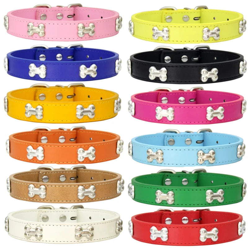 Bone Leather Durable Pet Dog Collars Puppy Pug Collars for Small Large Dog Chihuahua Cat