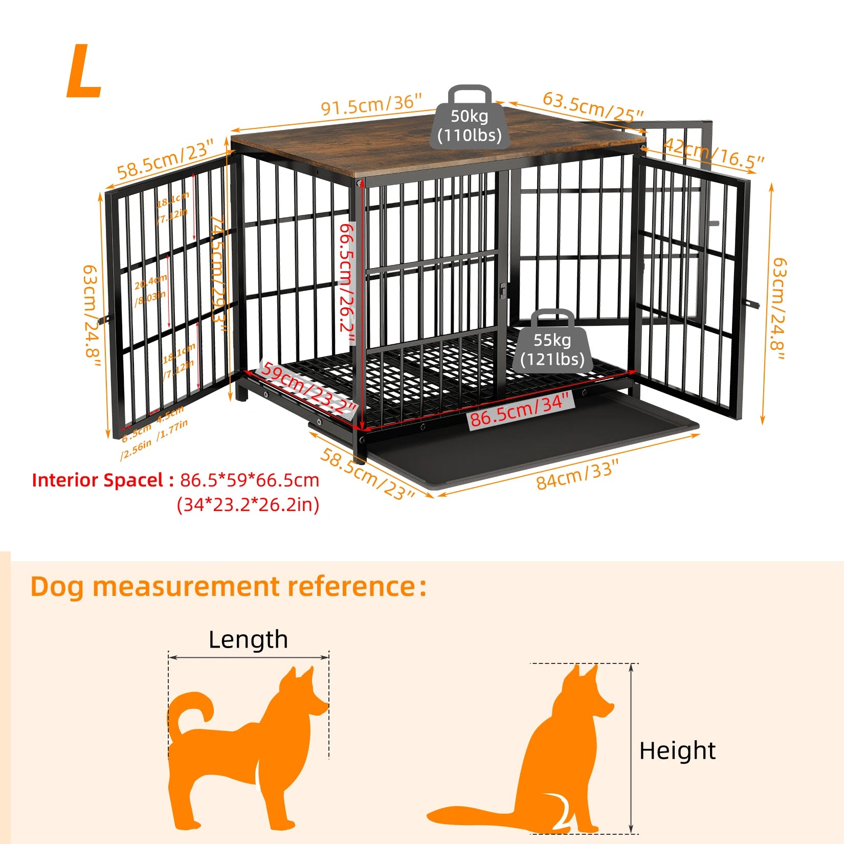 M/L/XL/2XL Dog Crate Cage Furniture Wooden Pet Kennel Table with Three Doors and Removable Tray Deco