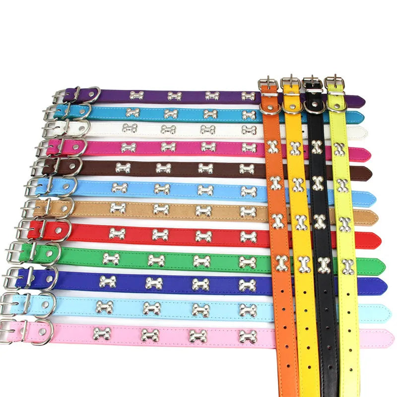 Bone Leather Durable Pet Dog Collars Puppy Pug Collars for Small Large Dog Chihuahua Cat