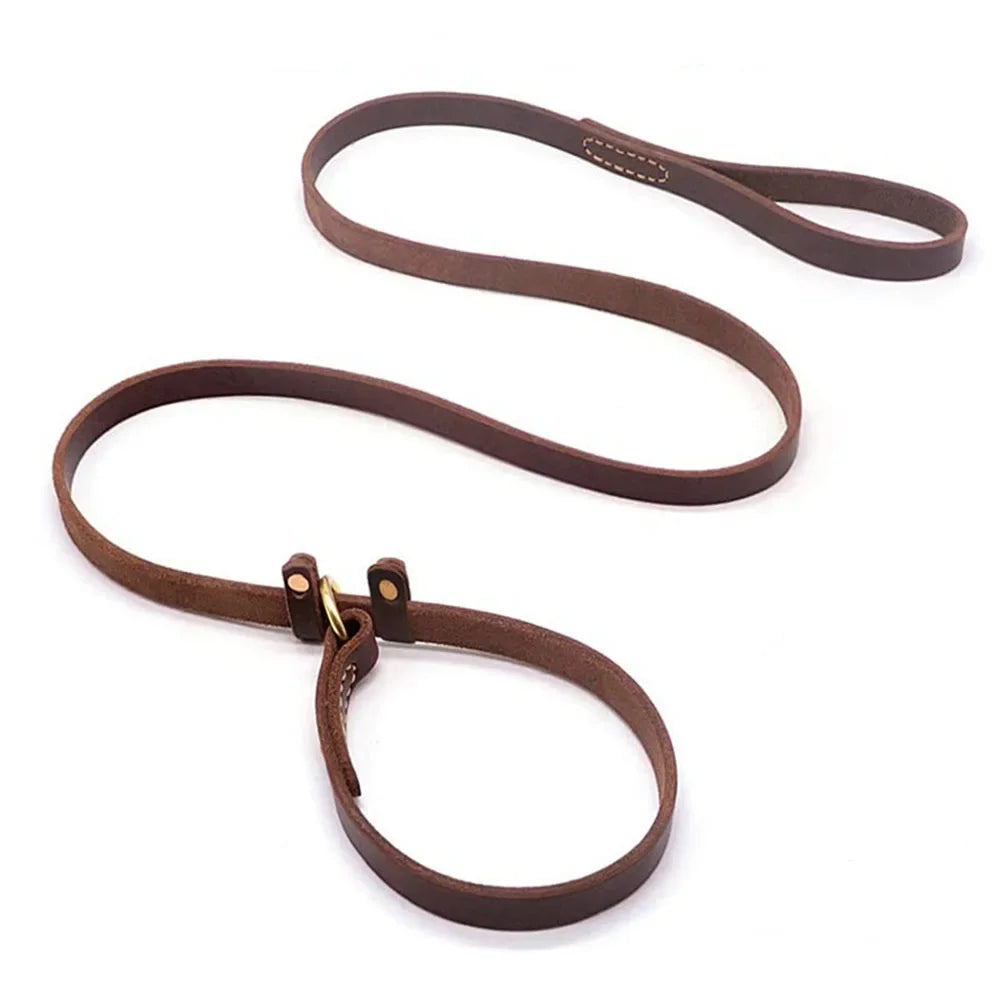 Genuine Leather Dog Leash Slip Collar Lead Rope Strong Heavy Duty Dog Training Leash No Pull Training Lead