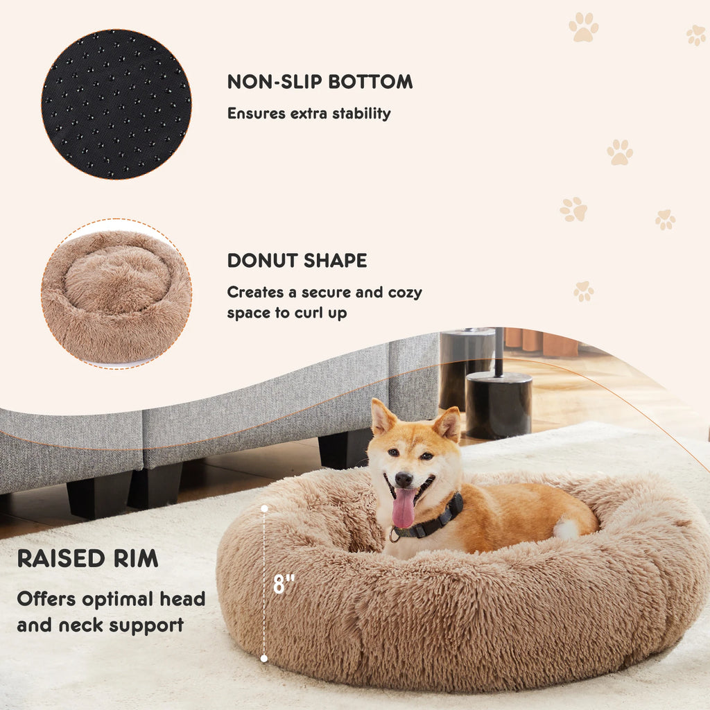 Calming Dog Bed for Medium to Large Dogs Washable Large Pet Bed Anti-Slip Round Fluffy Plush Faux Fur D
