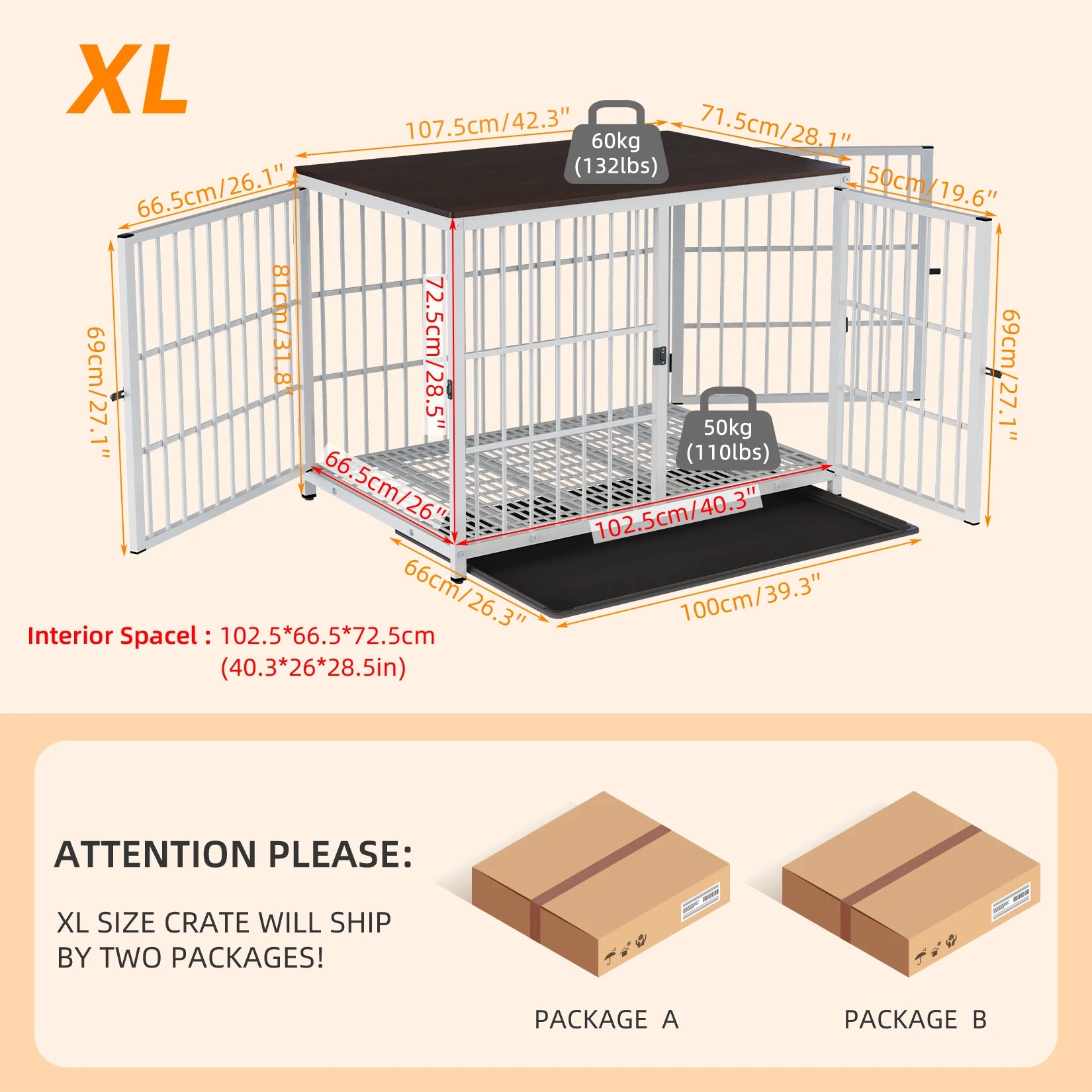 M/L/XL/2XL Dog Crate Cage Furniture Wooden Pet Kennel Table with Three Doors and Removable Tray Deco