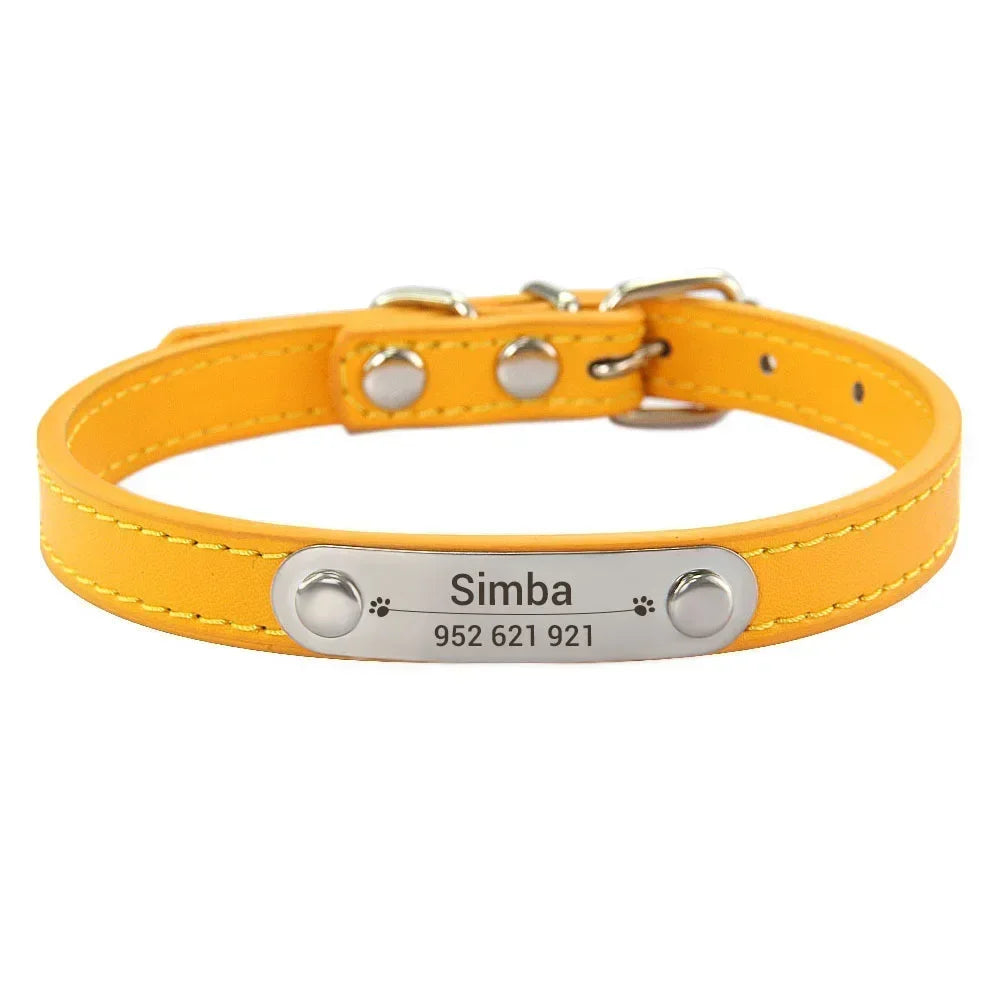 Personalized Dog Collar Name Carved ID Anti-lost Solid PU Leather Collar For Small Medium Large Dogs