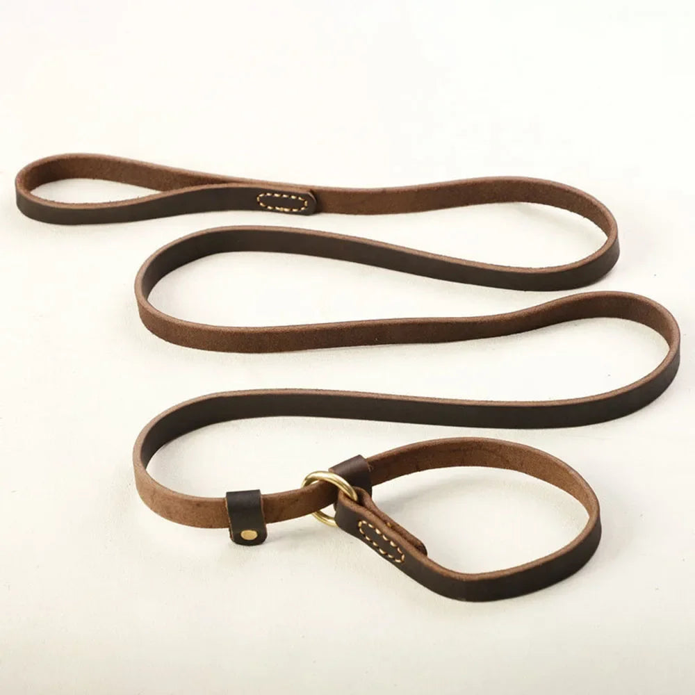 Genuine Leather Dog Leash Slip Collar Lead Rope Strong Heavy Duty Dog Training Leash No Pull Training Lead