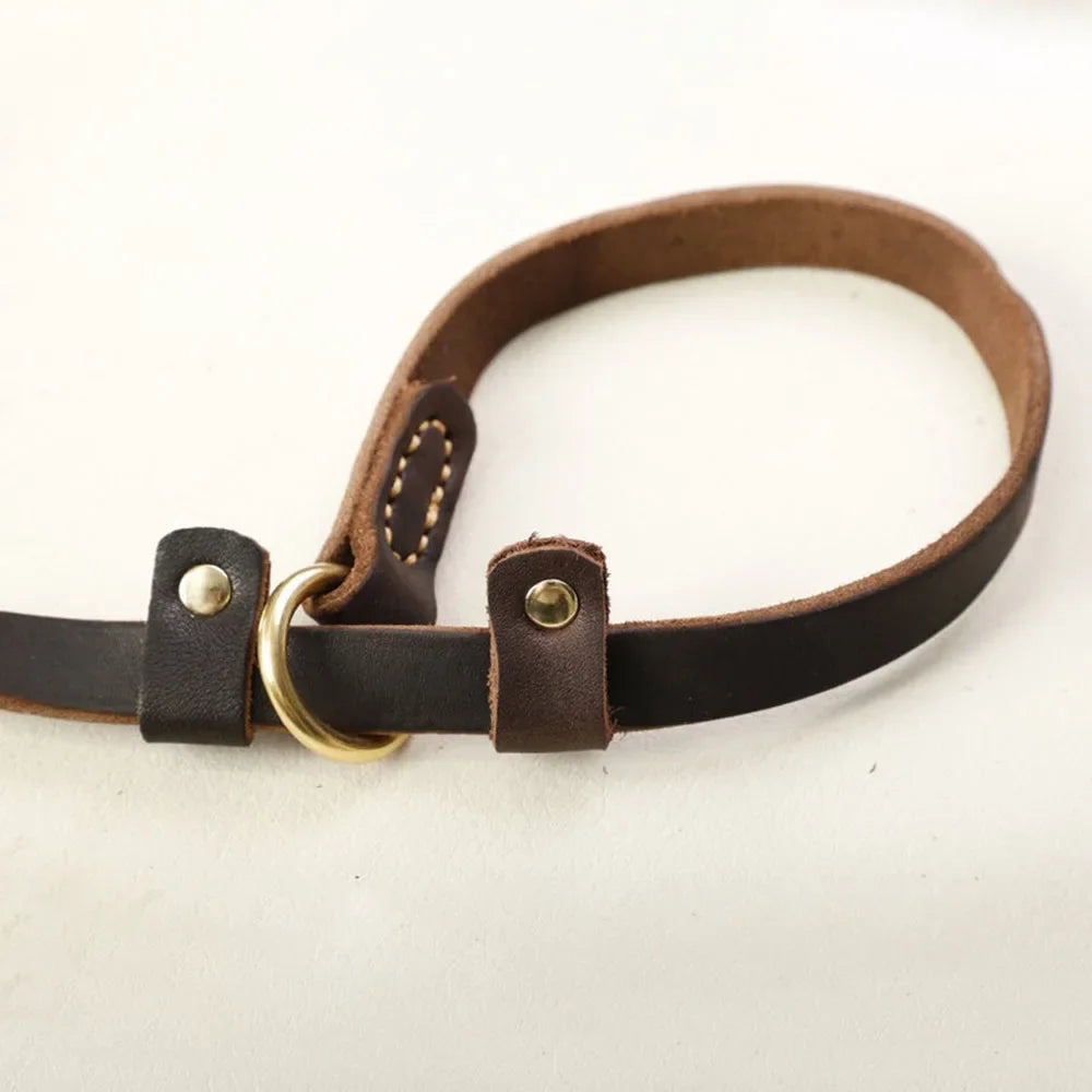 Genuine Leather Dog Leash Slip Collar Lead Rope Strong Heavy Duty Dog Training Leash No Pull Training Lead