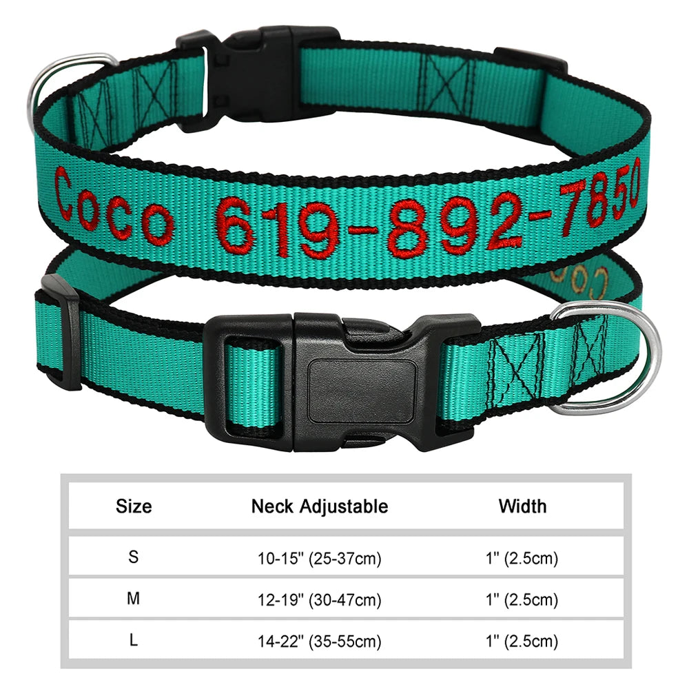 Adjustable Nylon Embroidered Dog Collar Custom ID Name Accessories Pet Collars