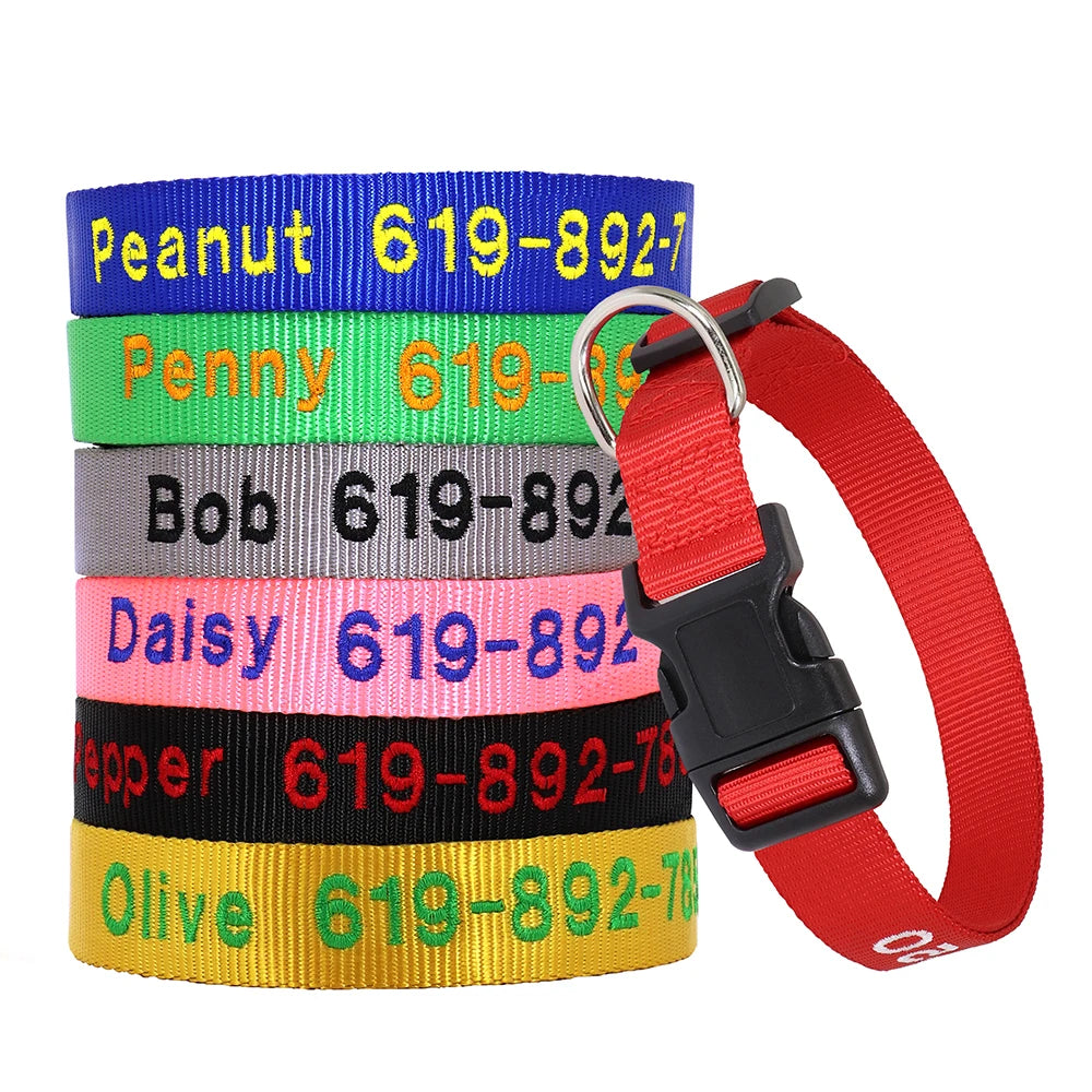 Adjustable Nylon Embroidered Dog Collar Custom ID Name Accessories Pet Collars