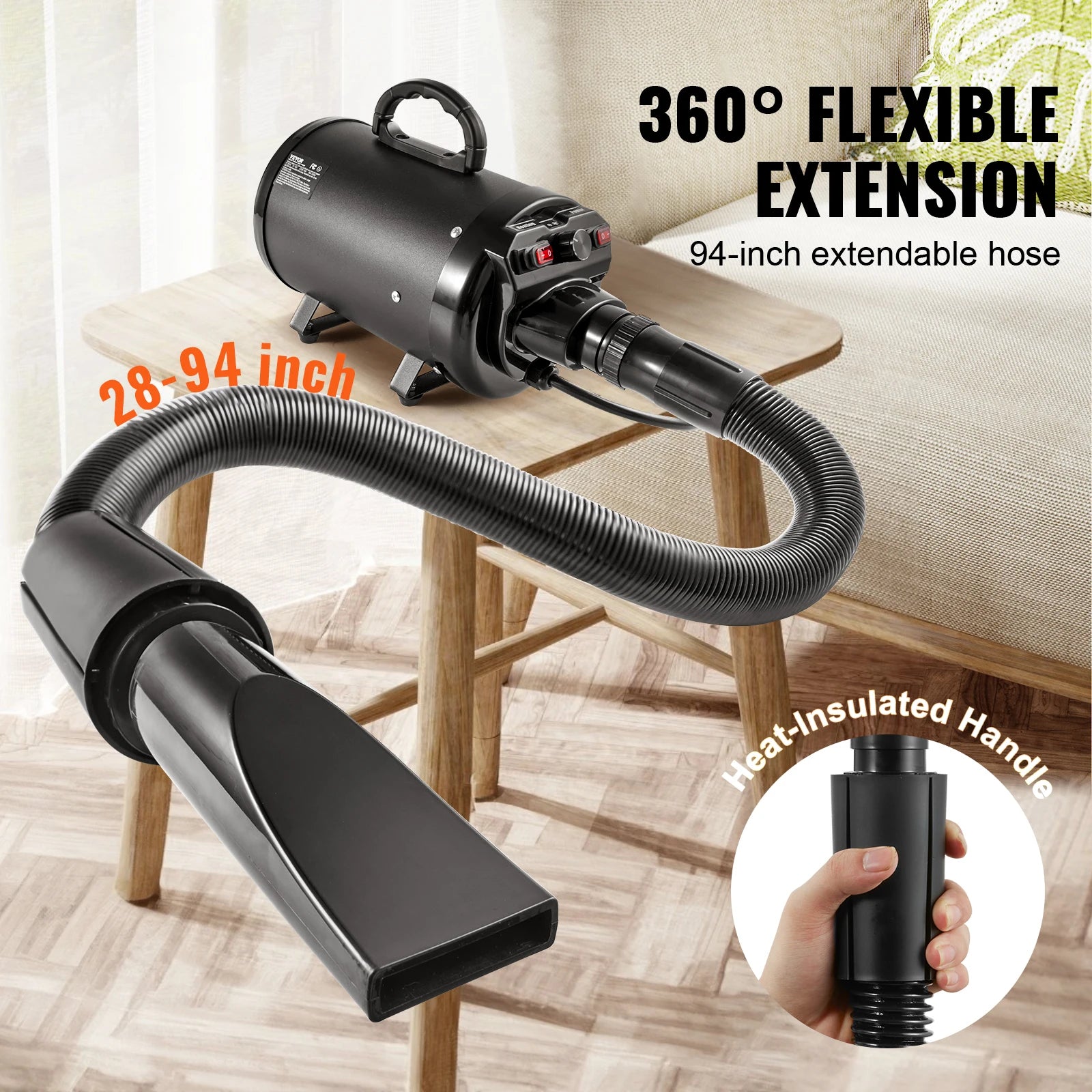 00W/ Dryer Adjustable Speed Temperature Control with 4 Nozzle and Extendable Hose for Pet Hair Grooming