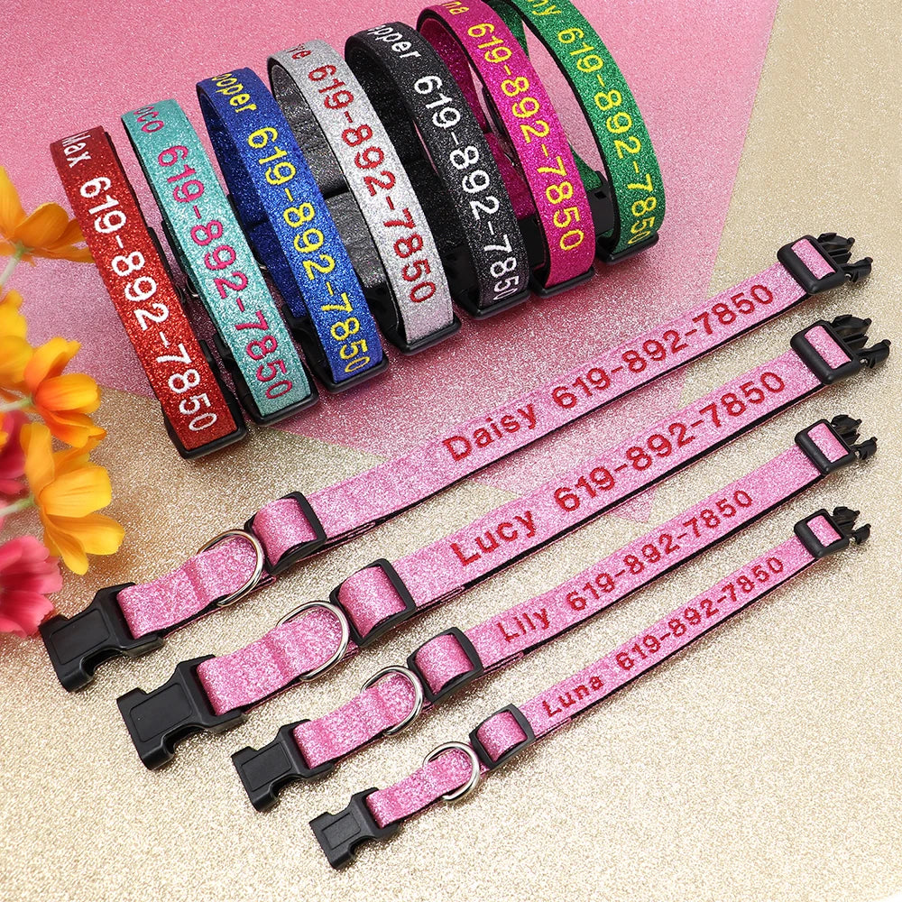 Adjustable Nylon Embroidered Dog Collar Custom ID Name Accessories Pet Collars