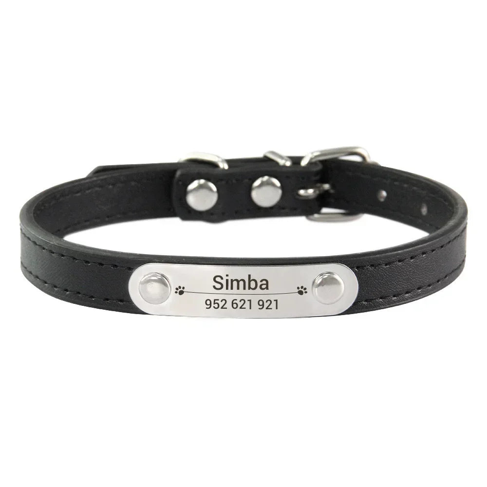 Personalized Dog Collar Name Carved ID Anti-lost Solid PU Leather Collar For Small Medium Large Dogs