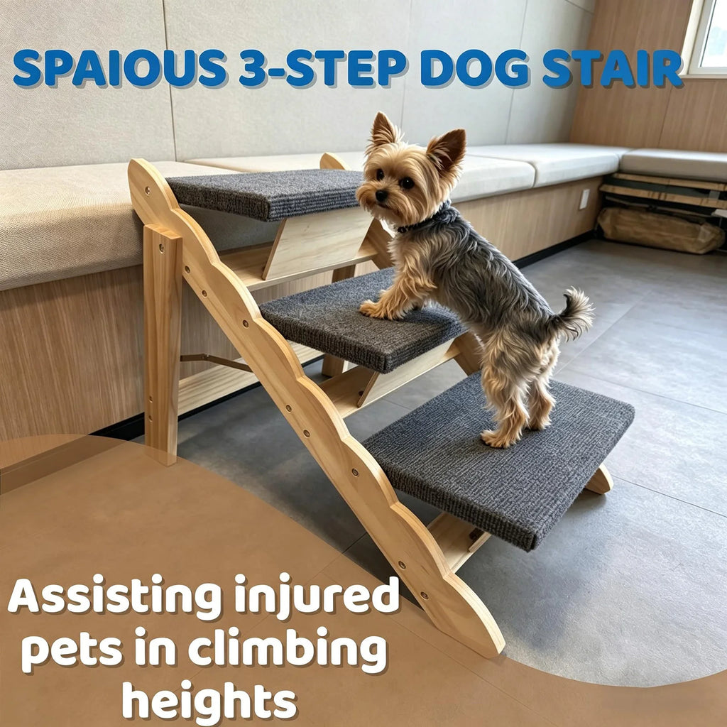 2-in-1 Wooden Pet Stairs & Folding Dog Ramp 3/4 Step Anti-Slip Ladder For High Beds Cars Indoor Cats Dogs Support Up To 150lbs