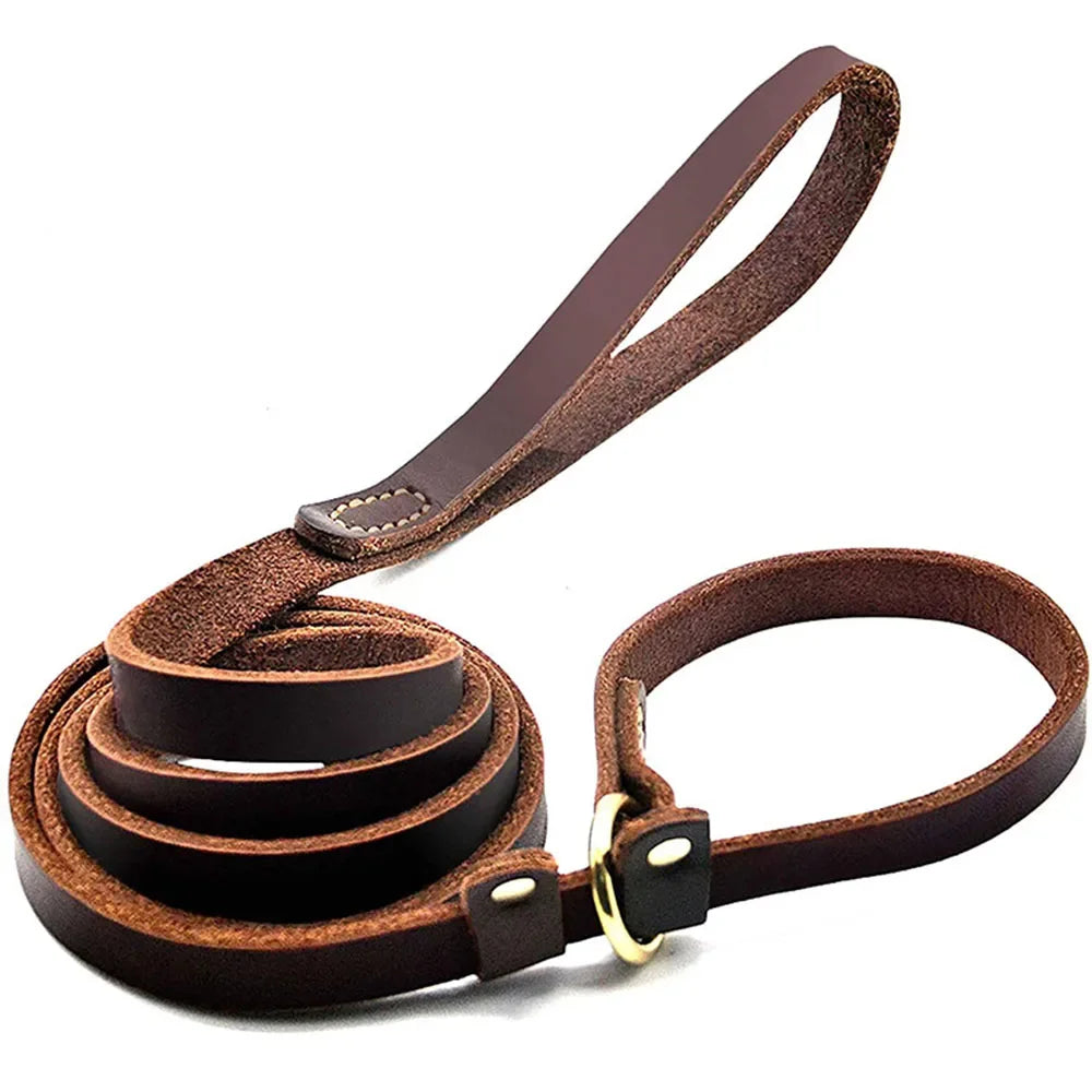 Genuine Leather Dog Leash Slip Collar Lead Rope Strong Heavy Duty Dog Training Leash No Pull Training Lead