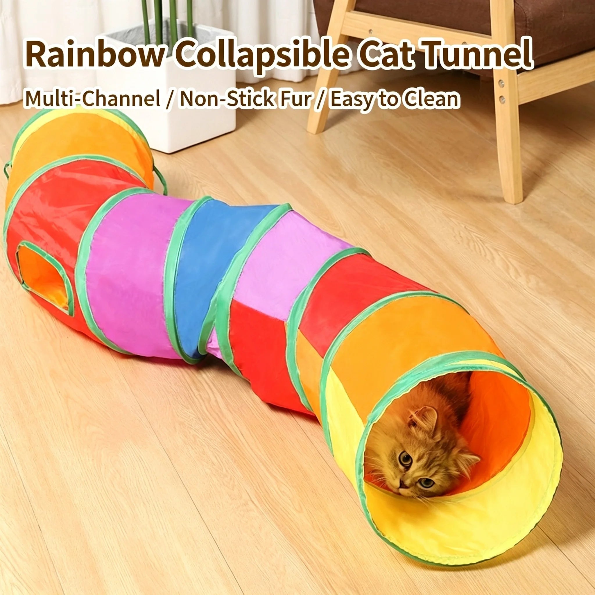 Foldable Rainbow Cat Tunnel Multi Channel Interactive Play Tube with Hanging Ball, Collapsible Hideaway Toy for Kittens Puppies