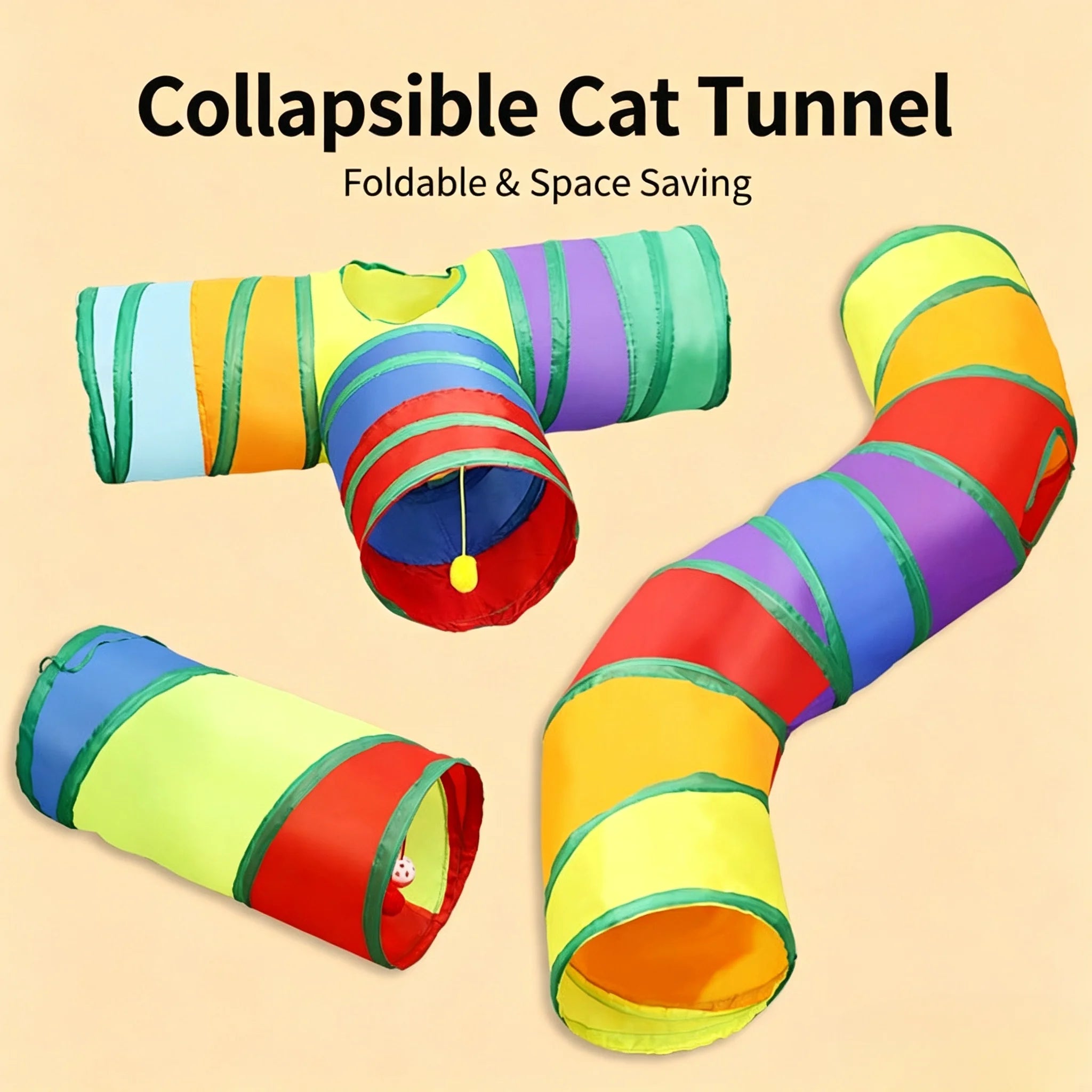 Foldable Rainbow Cat Tunnel Multi Channel Interactive Play Tube with Hanging Ball, Collapsible Hideaway Toy for Kittens Puppies