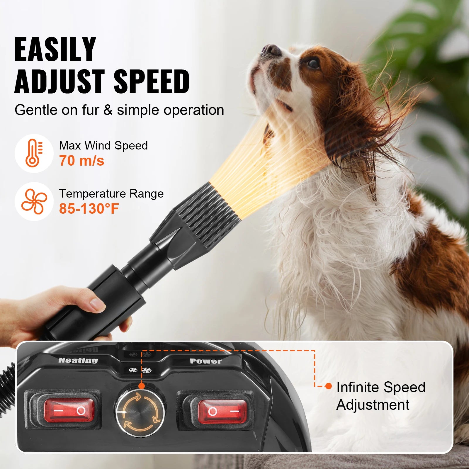 00W/ Dryer Adjustable Speed Temperature Control with 4 Nozzle and Extendable Hose for Pet Hair Grooming