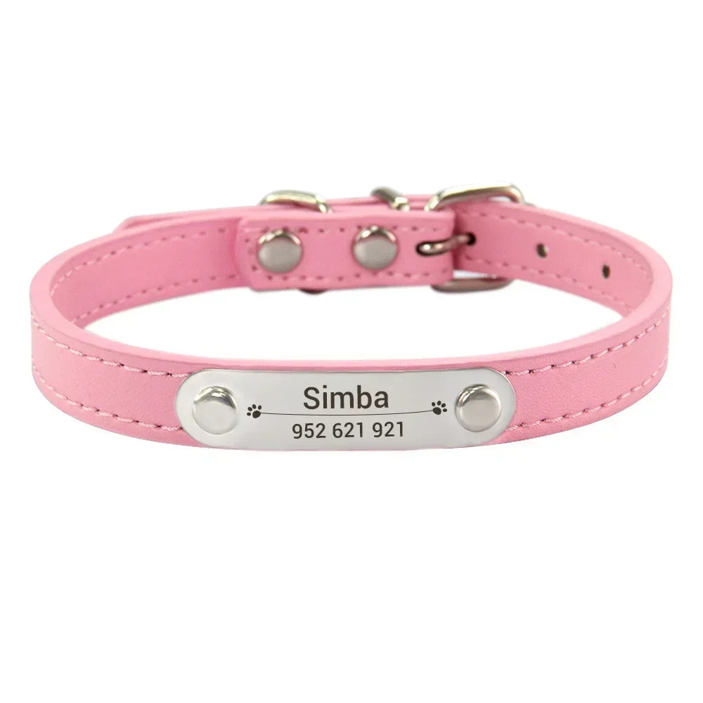 Personalized Dog Collar Name Carved ID Anti-lost Solid PU Leather Collar For Small Medium Large Dogs