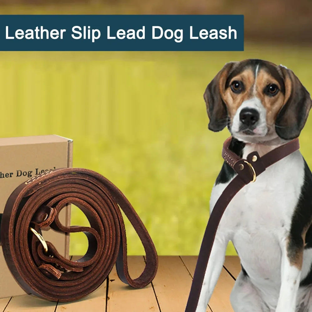 Genuine Leather Dog Leash Slip Collar Lead Rope Strong Heavy Duty Dog Training Leash No Pull Training Lead