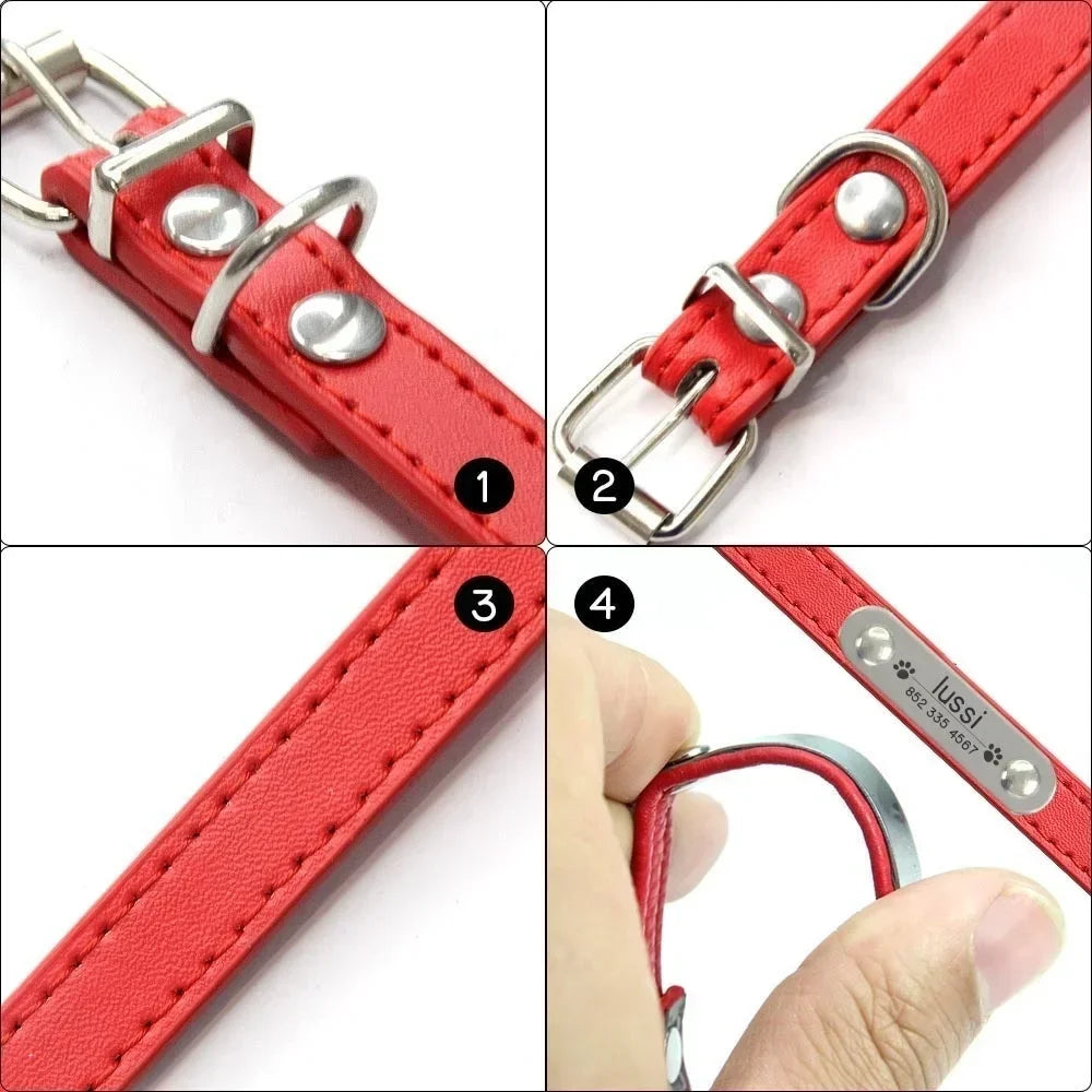 Personalized Dog Collar Name Carved ID Anti-lost Solid PU Leather Collar For Small Medium Large Dogs