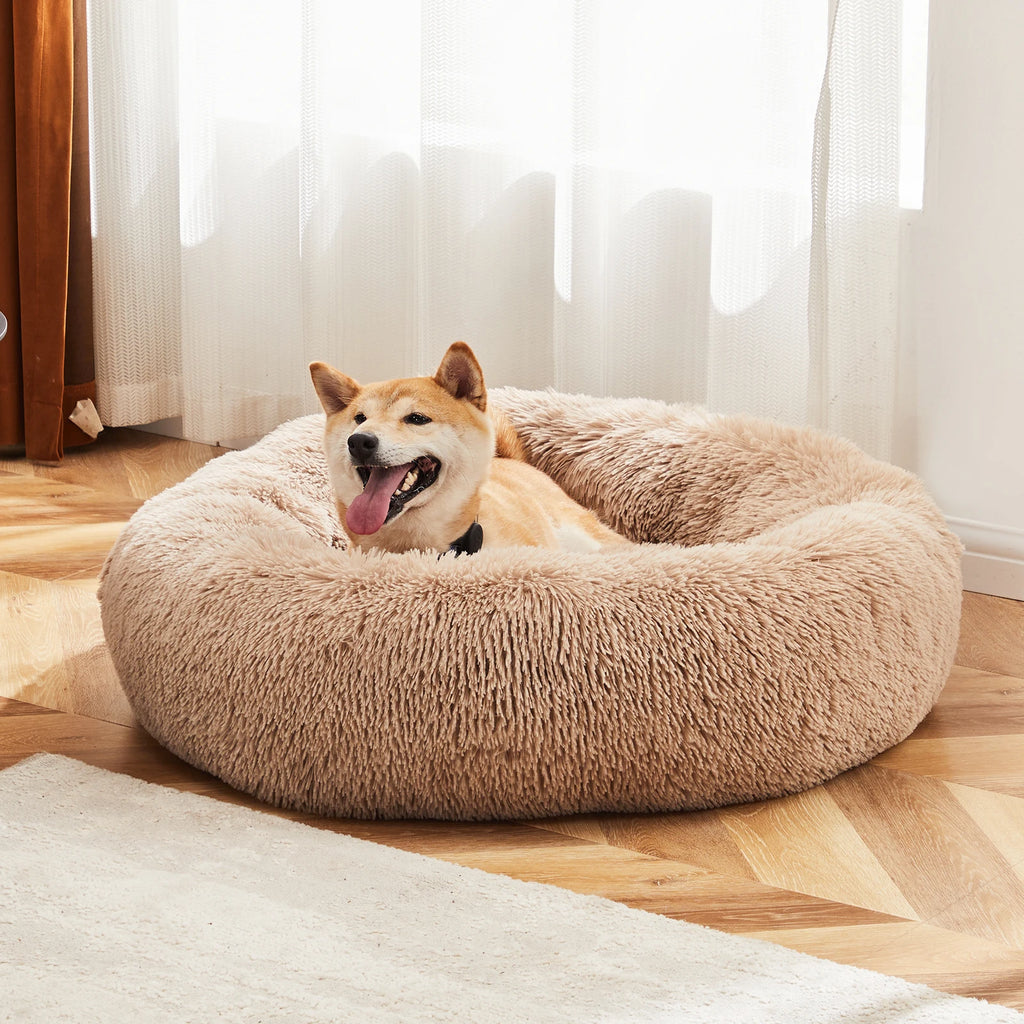 Calming Dog Bed for Medium to Large Dogs Washable Large Pet Bed Anti-Slip Round Fluffy Plush Faux Fur D