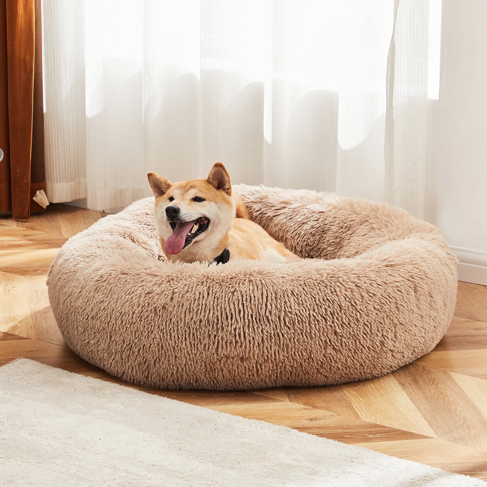 Calming Dog Bed for Medium to Large Dogs Washable Large Pet Bed Anti-Slip Round Fluffy Plush Faux Fur D