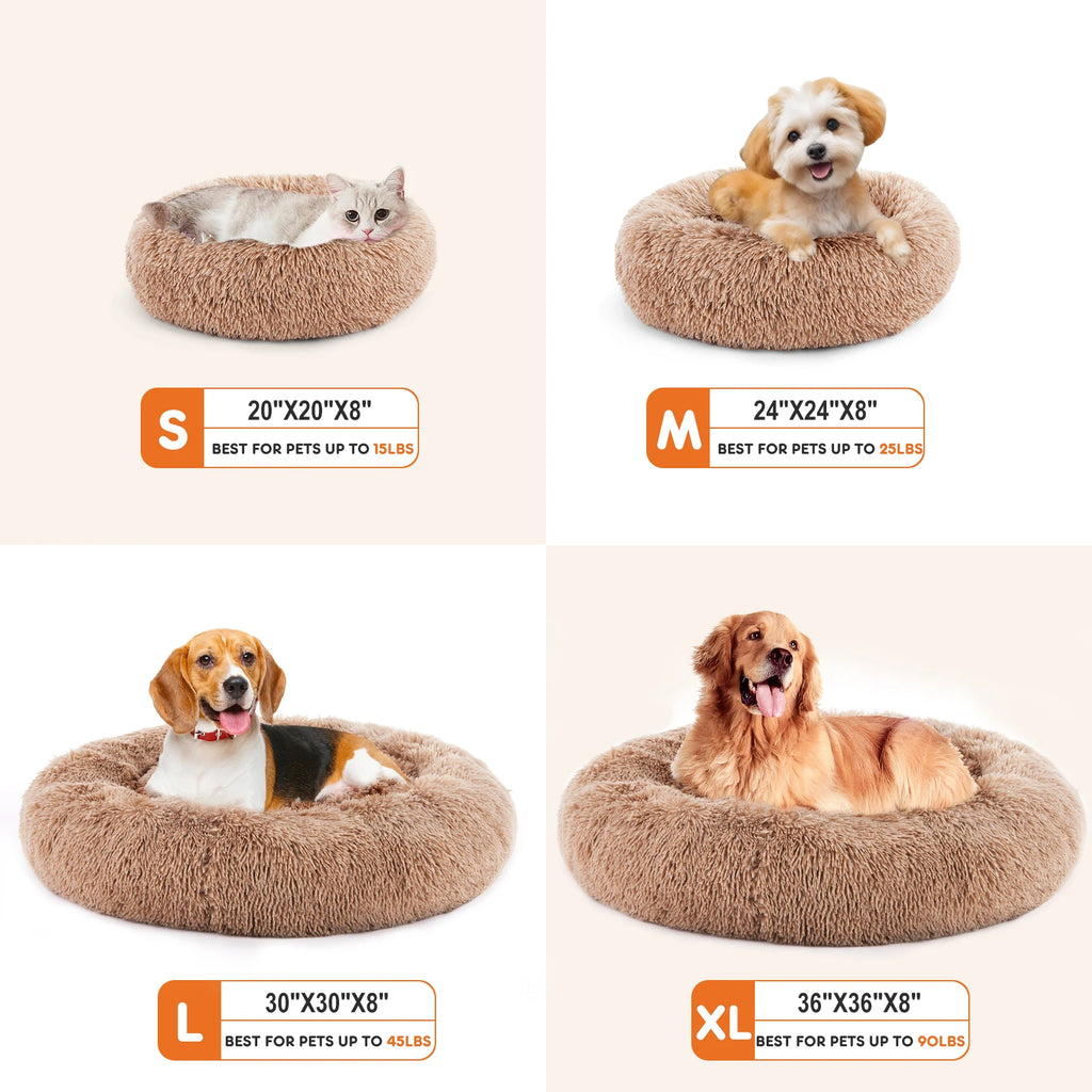 Calming Dog Bed for Medium to Large Dogs Washable Large Pet Bed Anti-Slip Round Fluffy Plush Faux Fur D