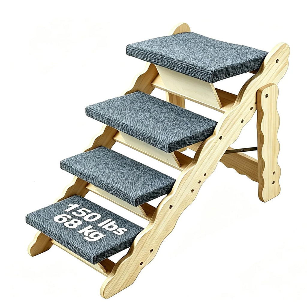 2-in-1 Wooden Pet Stairs & Folding Dog Ramp 3/4 Step Anti-Slip Ladder For High Beds Cars Indoor Cats Dogs Support Up To 150lbs