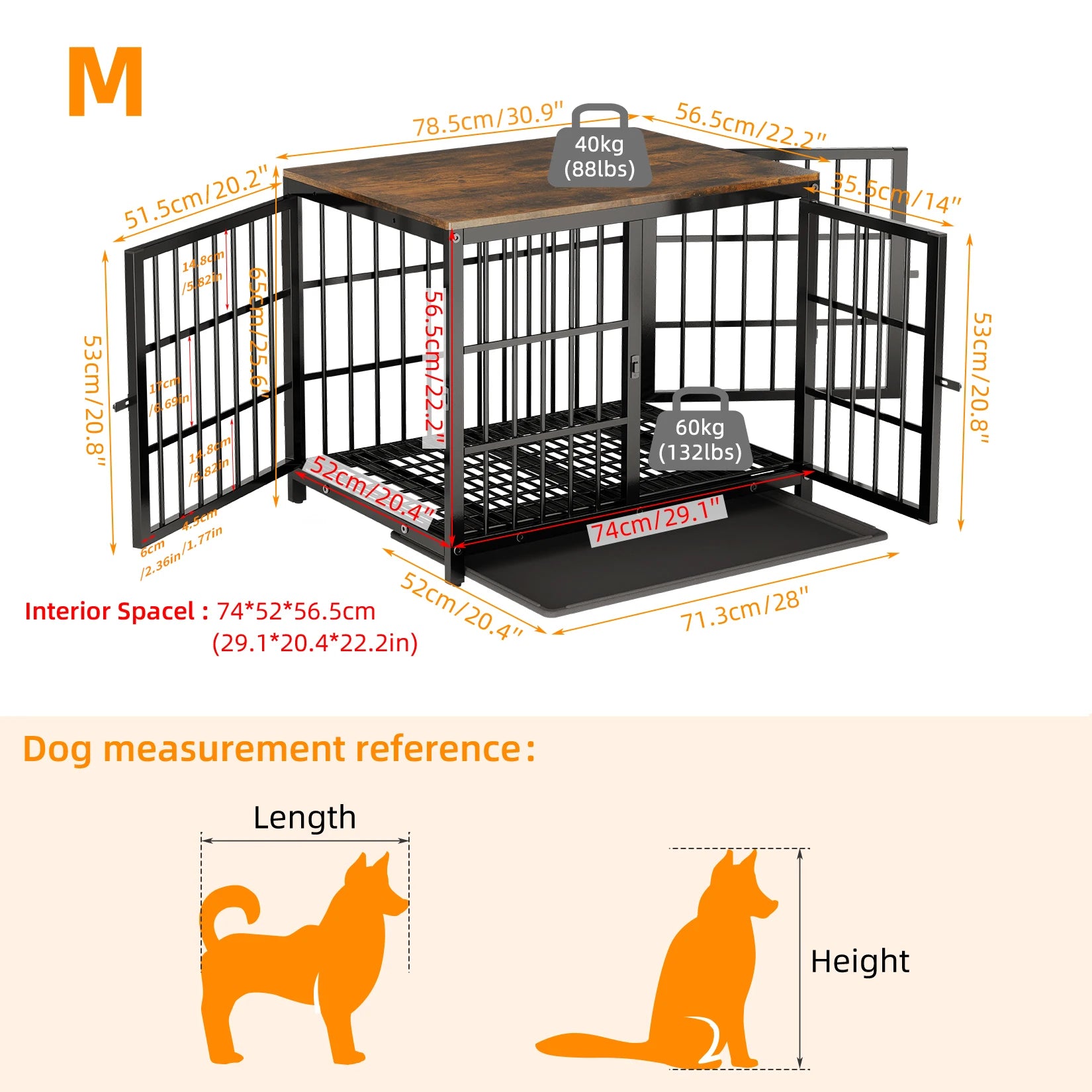 M/L/XL/2XL Dog Crate Cage Furniture Wooden Pet Kennel Table with Three Doors and Removable Tray Deco