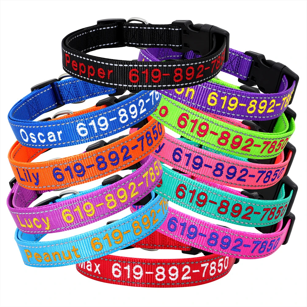 Adjustable Nylon Embroidered Dog Collar Custom ID Name Accessories Pet Collars