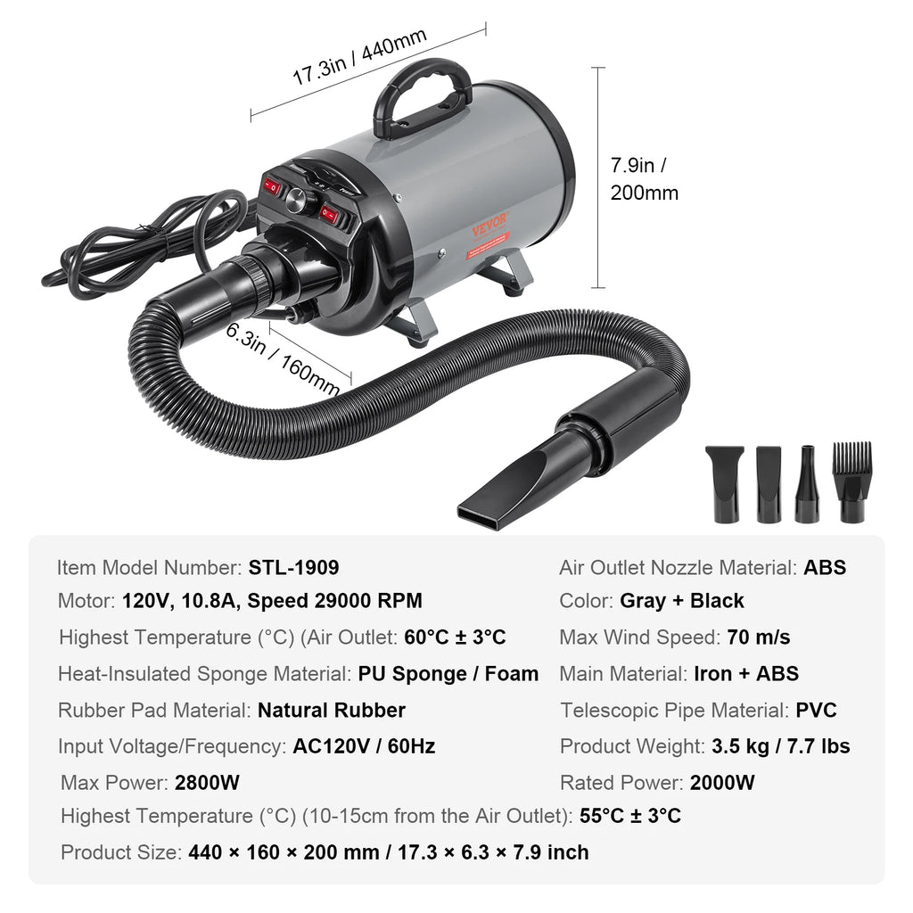00W/ Dryer Adjustable Speed Temperature Control with 4 Nozzle and Extendable Hose for Pet Hair Grooming