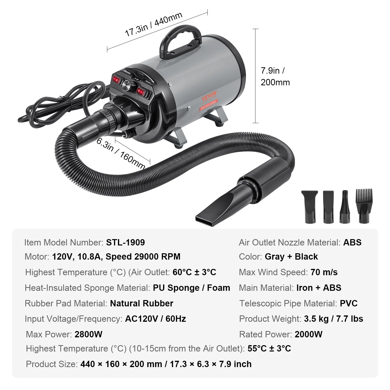 00W/ Dryer Adjustable Speed Temperature Control with 4 Nozzle and Extendable Hose for Pet Hair Grooming