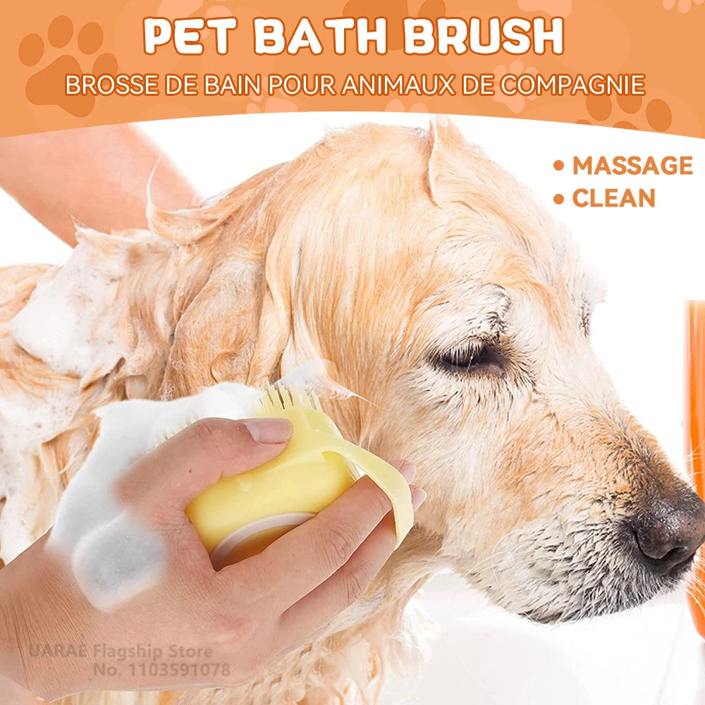 Dog Bathing Brush Pet Massage Brush Shampoo Dispenser Soft Silicone Brush Rubber Bristle for Dogs and Cats