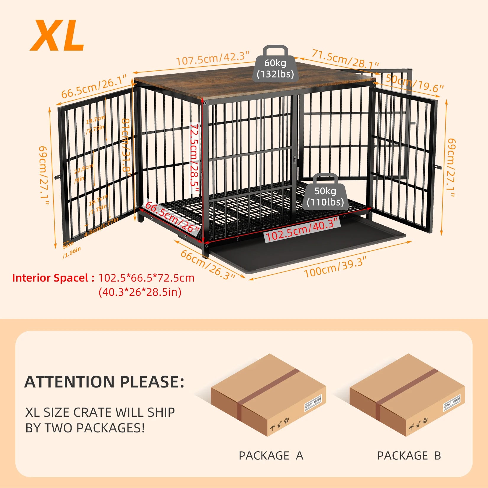 M/L/XL/2XL Dog Crate Cage Furniture Wooden Pet Kennel Table with Three Doors and Removable Tray Deco