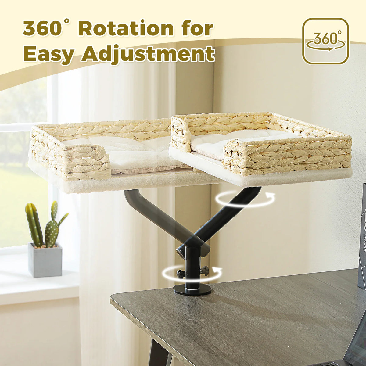Cat Desk Bed, 360° Rotatable Cat Bed Stand for Indoor Cats, Adjustable Cat Basket,