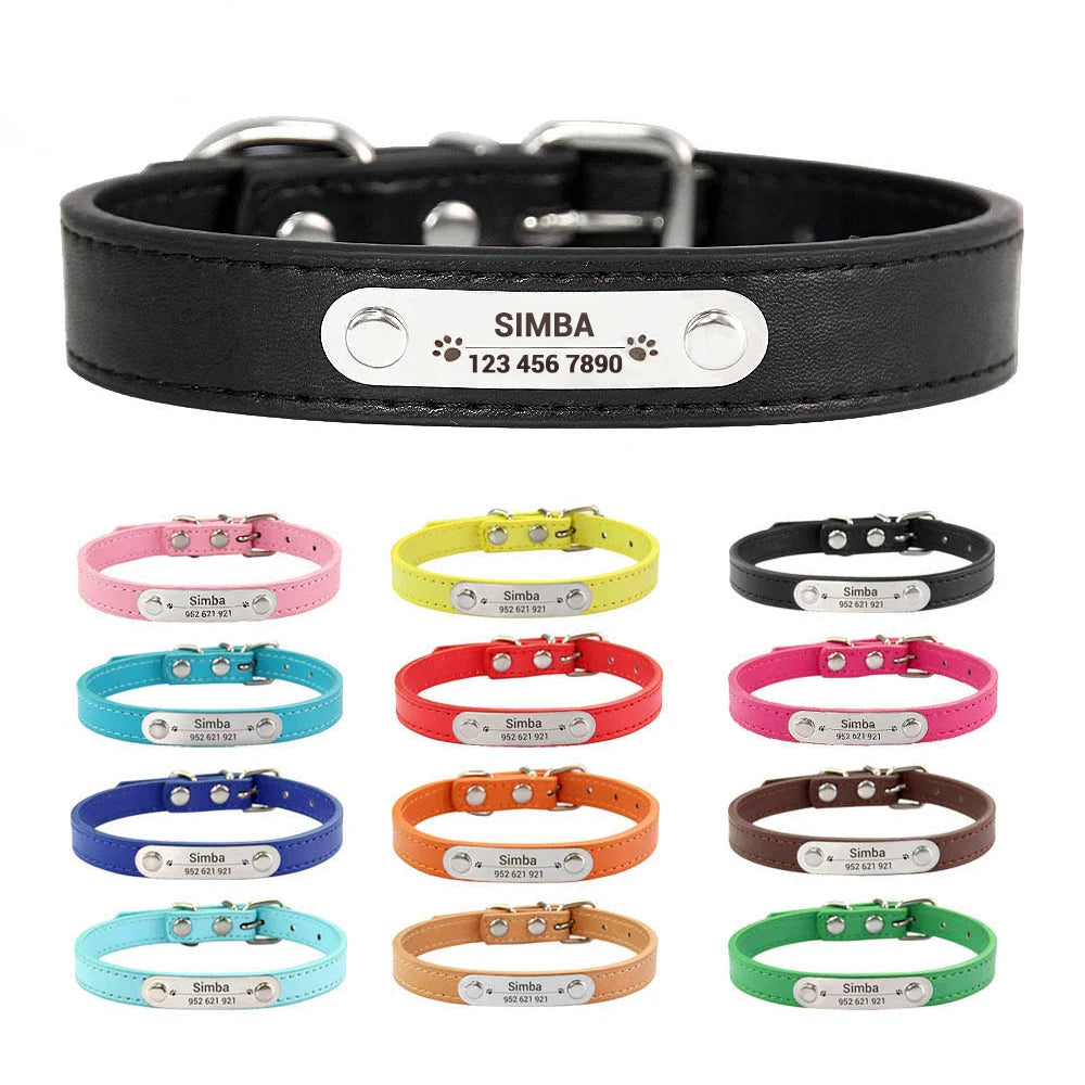 Personalized Dog Collar Name Carved ID Anti-lost Solid PU Leather Collar For Small Medium Large Dogs