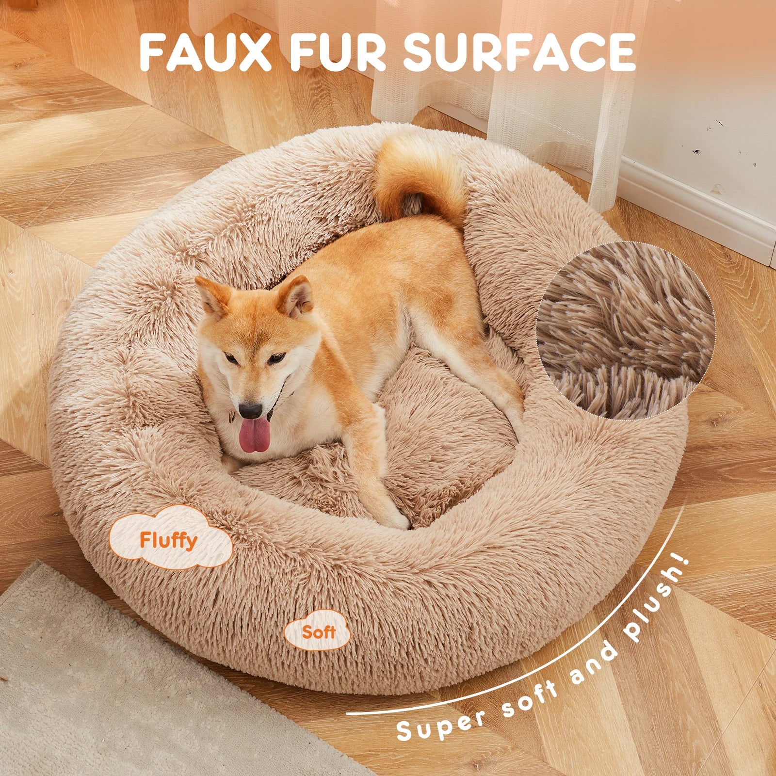 Calming Dog Bed for Medium to Large Dogs Washable Large Pet Bed Anti-Slip Round Fluffy Plush Faux Fur D