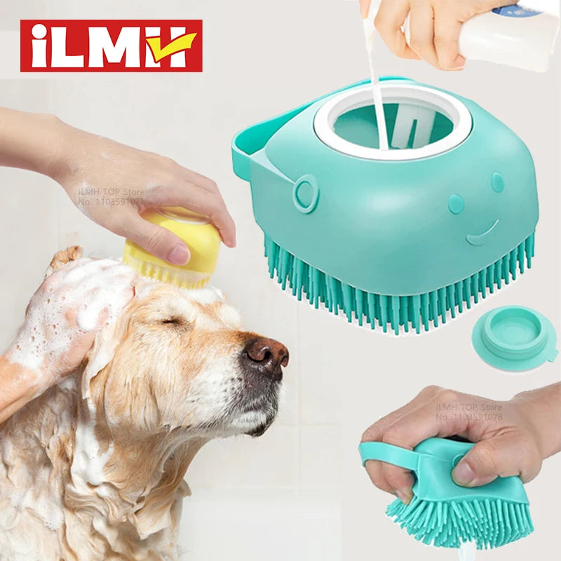 Dog Bathing Brush Pet Massage Brush Shampoo Dispenser Soft Silicone Brush Rubber Bristle for Dogs and Cats