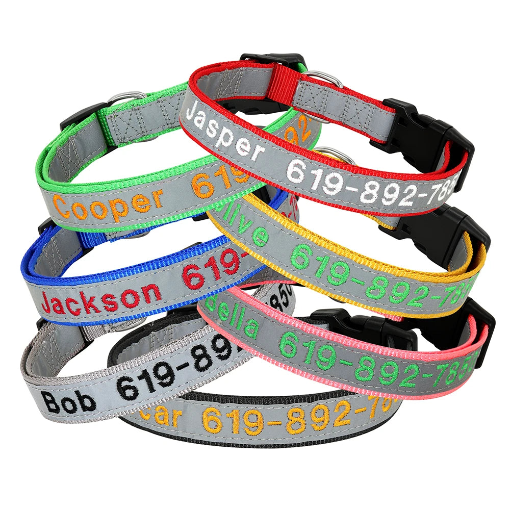 Adjustable Nylon Embroidered Dog Collar Custom ID Name Accessories Pet Collars