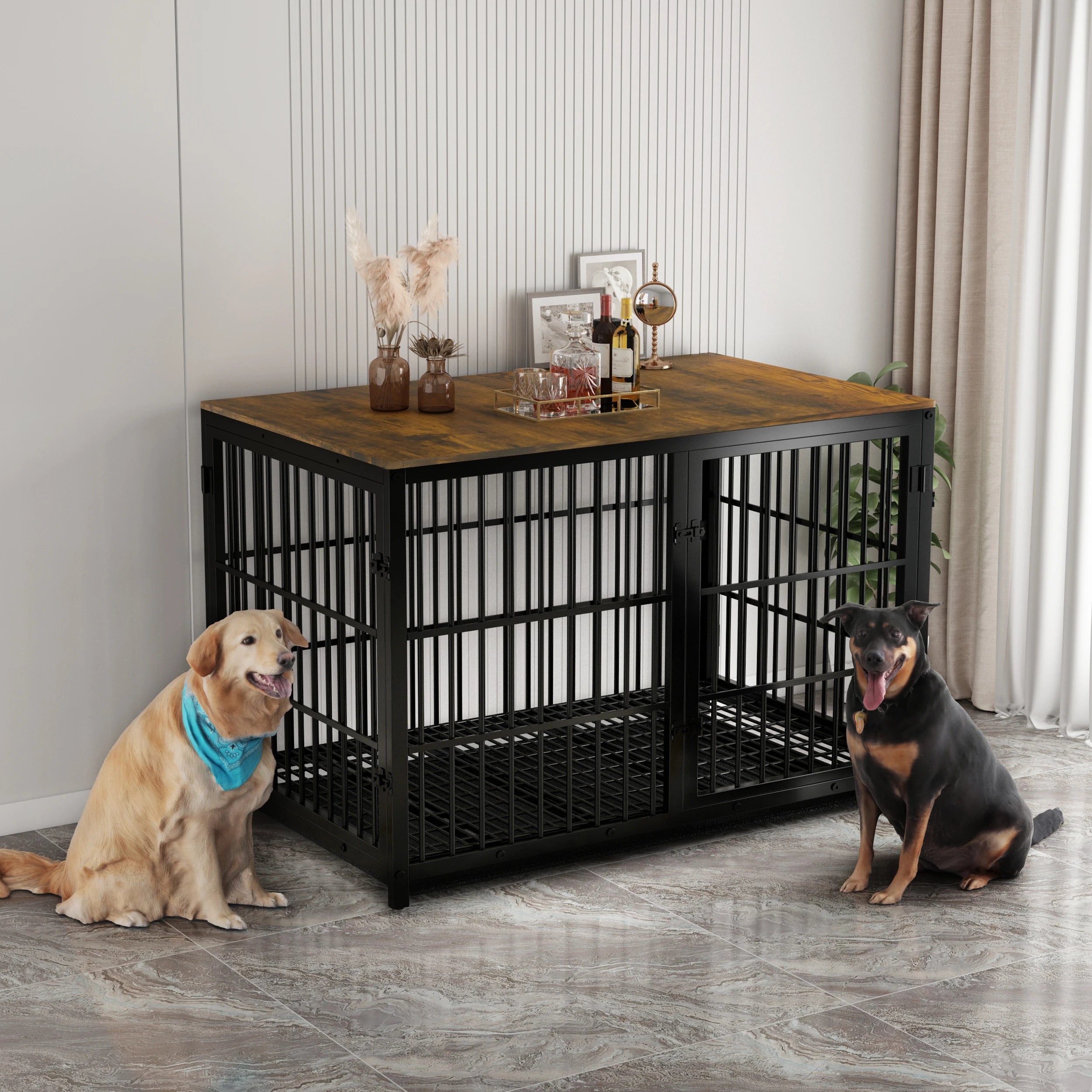 M/L/XL/2XL Dog Crate Cage Furniture Wooden Pet Kennel Table with Three Doors and Removable Tray Deco