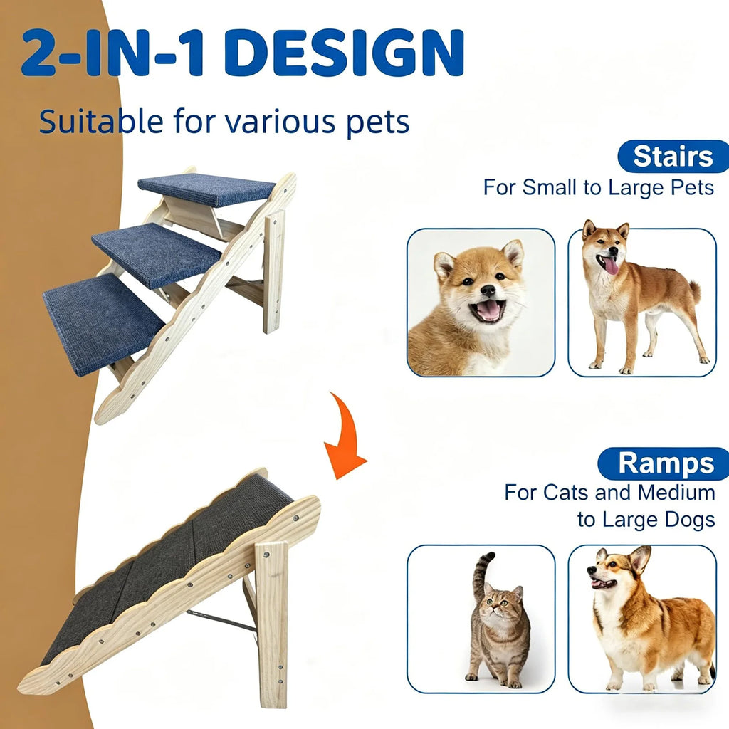 2-in-1 Wooden Pet Stairs & Folding Dog Ramp 3/4 Step Anti-Slip Ladder For High Beds Cars Indoor Cats Dogs Support Up To 150lbs