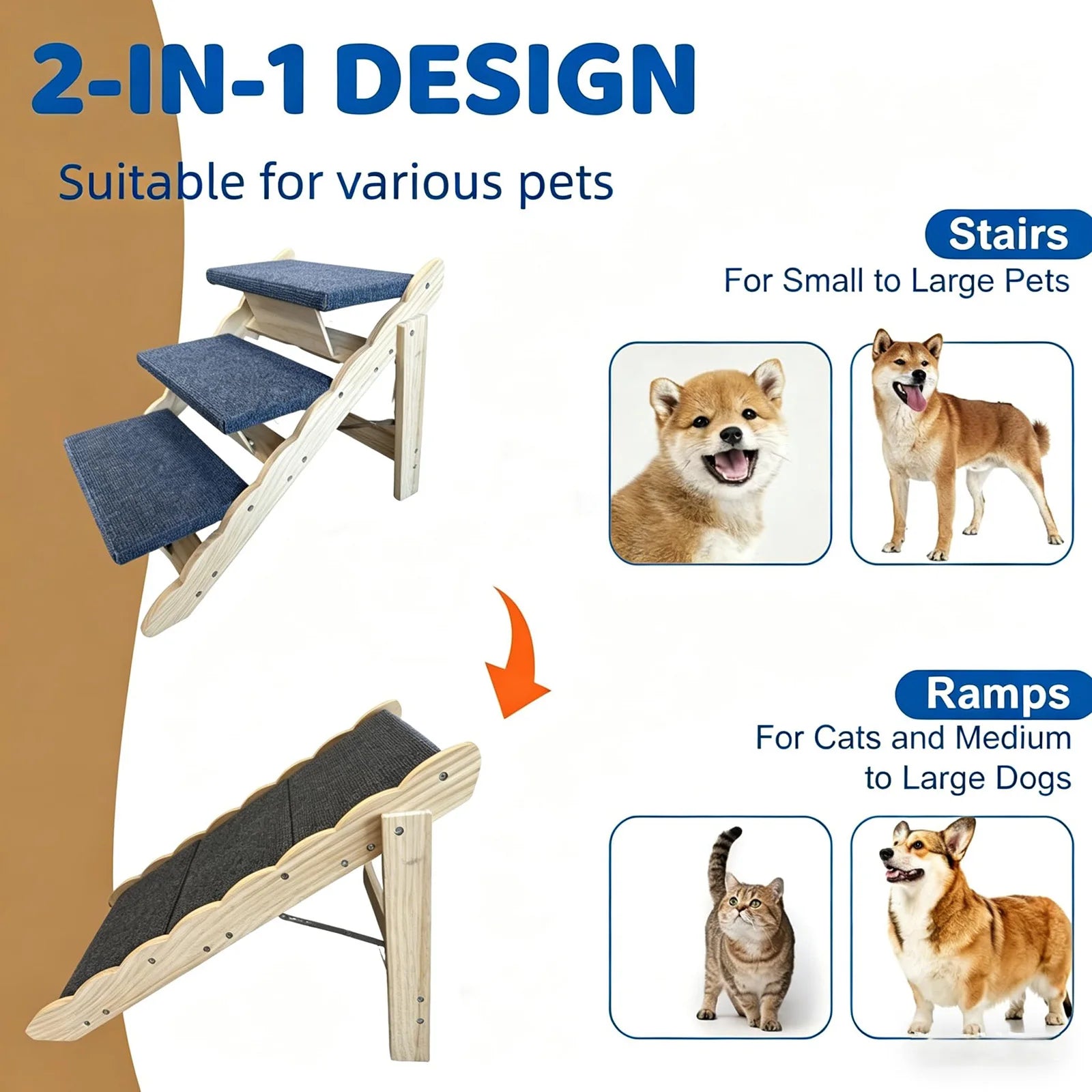 2-in-1 Wooden Pet Stairs & Folding Dog Ramp 3/4 Step Anti-Slip Ladder For High Beds Cars Indoor Cats Dogs Support Up To 150lbs