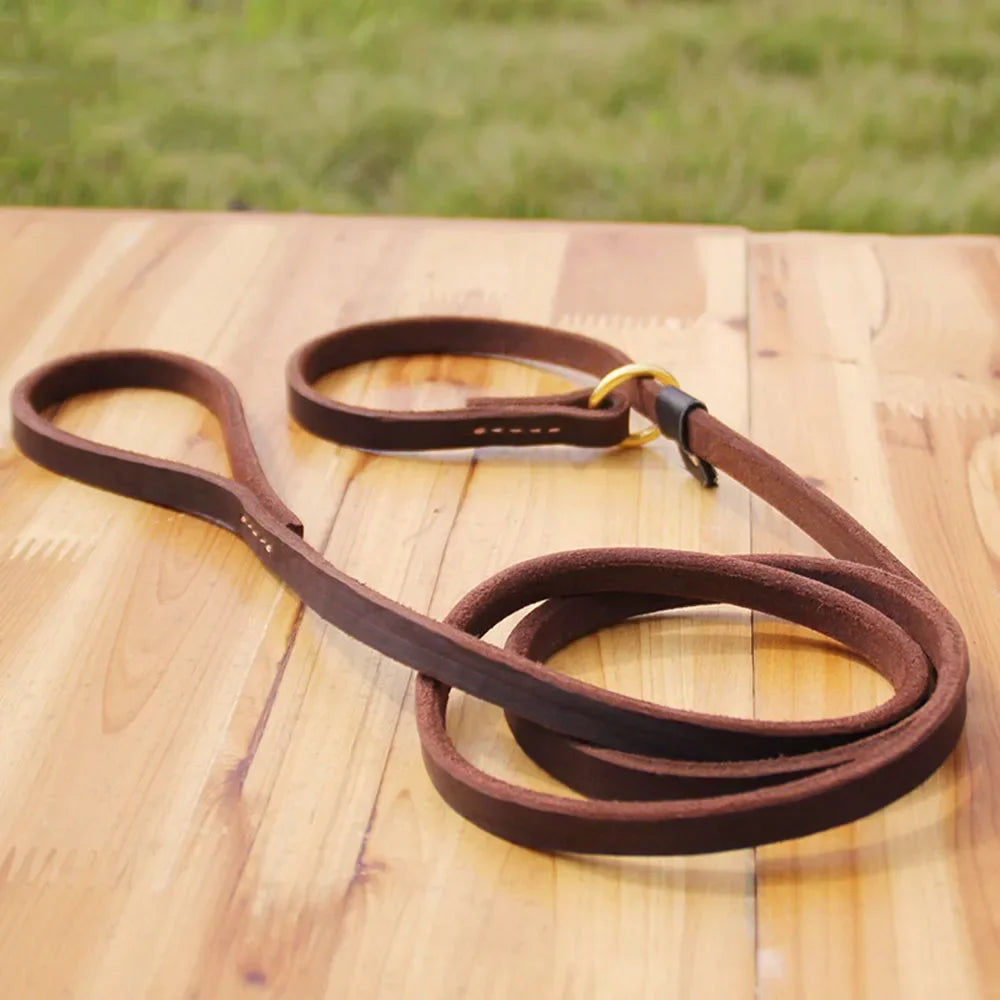 Genuine Leather Dog Leash Slip Collar Lead Rope Strong Heavy Duty Dog Training Leash No Pull Training Lead