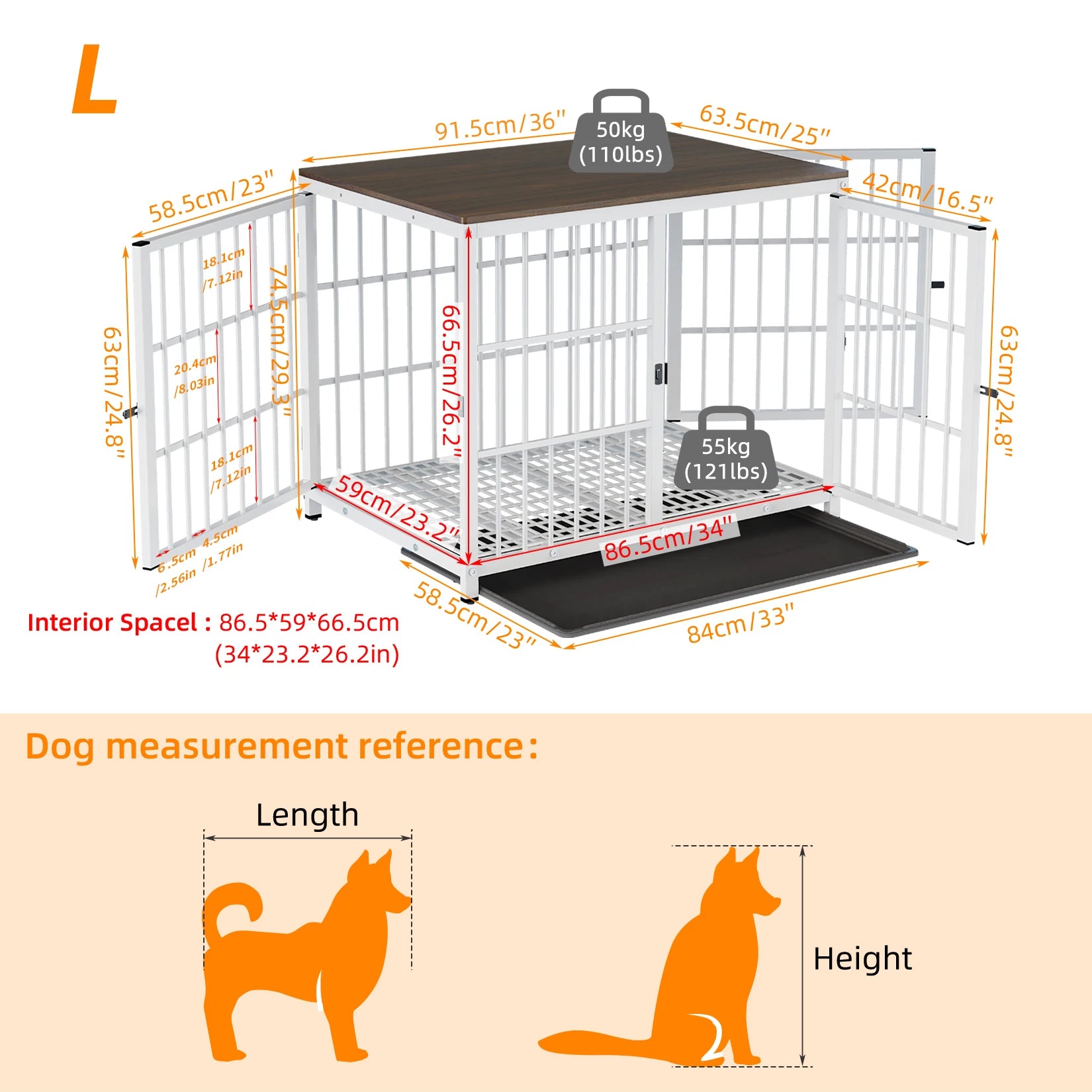 M/L/XL/2XL Dog Crate Cage Furniture Wooden Pet Kennel Table with Three Doors and Removable Tray Deco