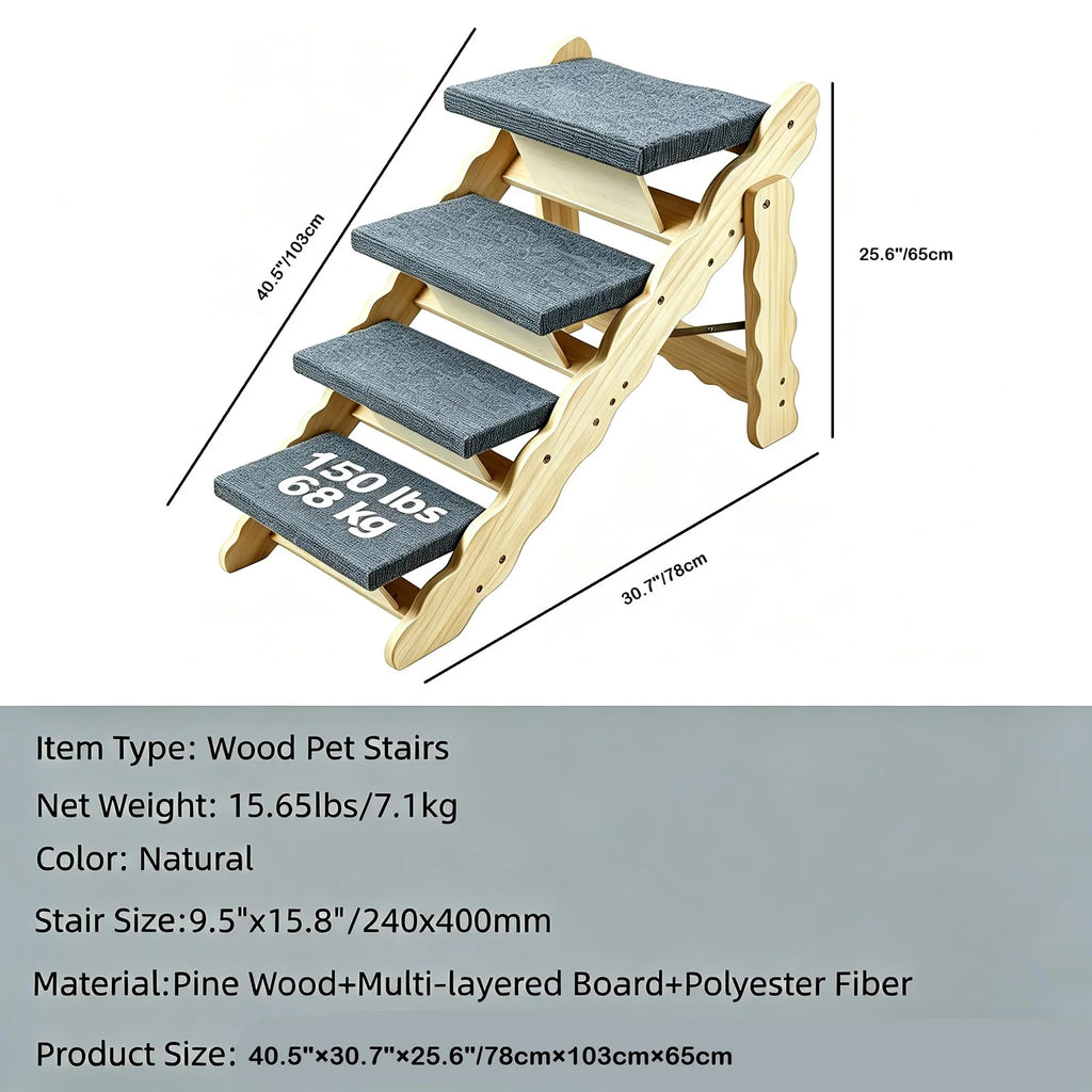2-in-1 Wooden Pet Stairs & Folding Dog Ramp 3/4 Step Anti-Slip Ladder For High Beds Cars Indoor Cats Dogs Support Up To 150lbs