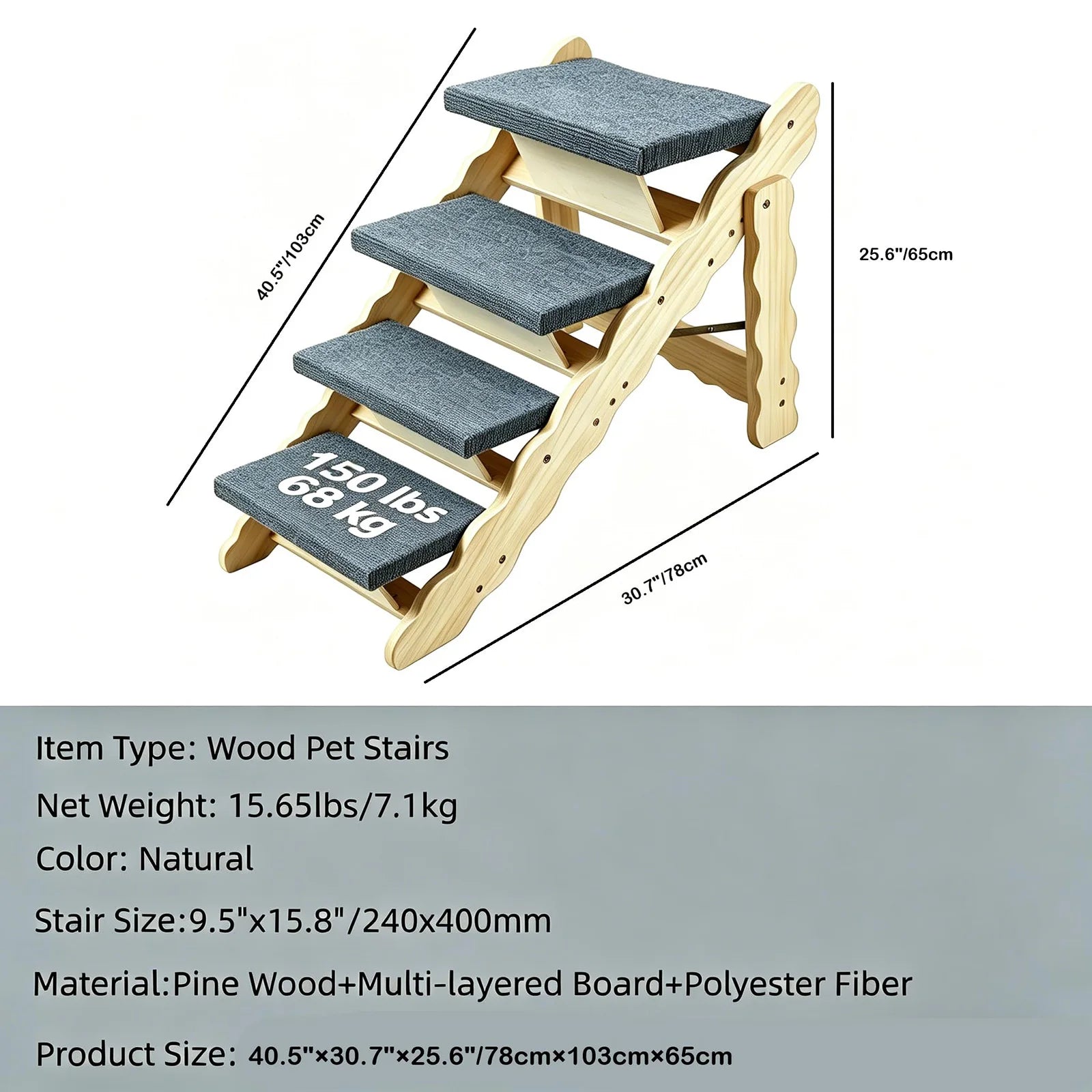 2-in-1 Wooden Pet Stairs & Folding Dog Ramp 3/4 Step Anti-Slip Ladder For High Beds Cars Indoor Cats Dogs Support Up To 150lbs