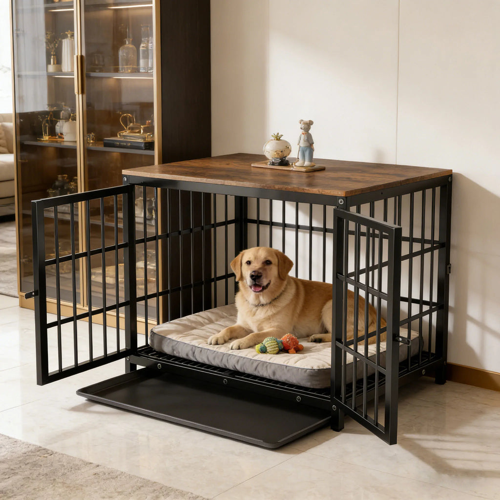 M/L/XL/2XL Dog Crate Cage Furniture Wooden Pet Kennel Table with Three Doors and Removable Tray Deco