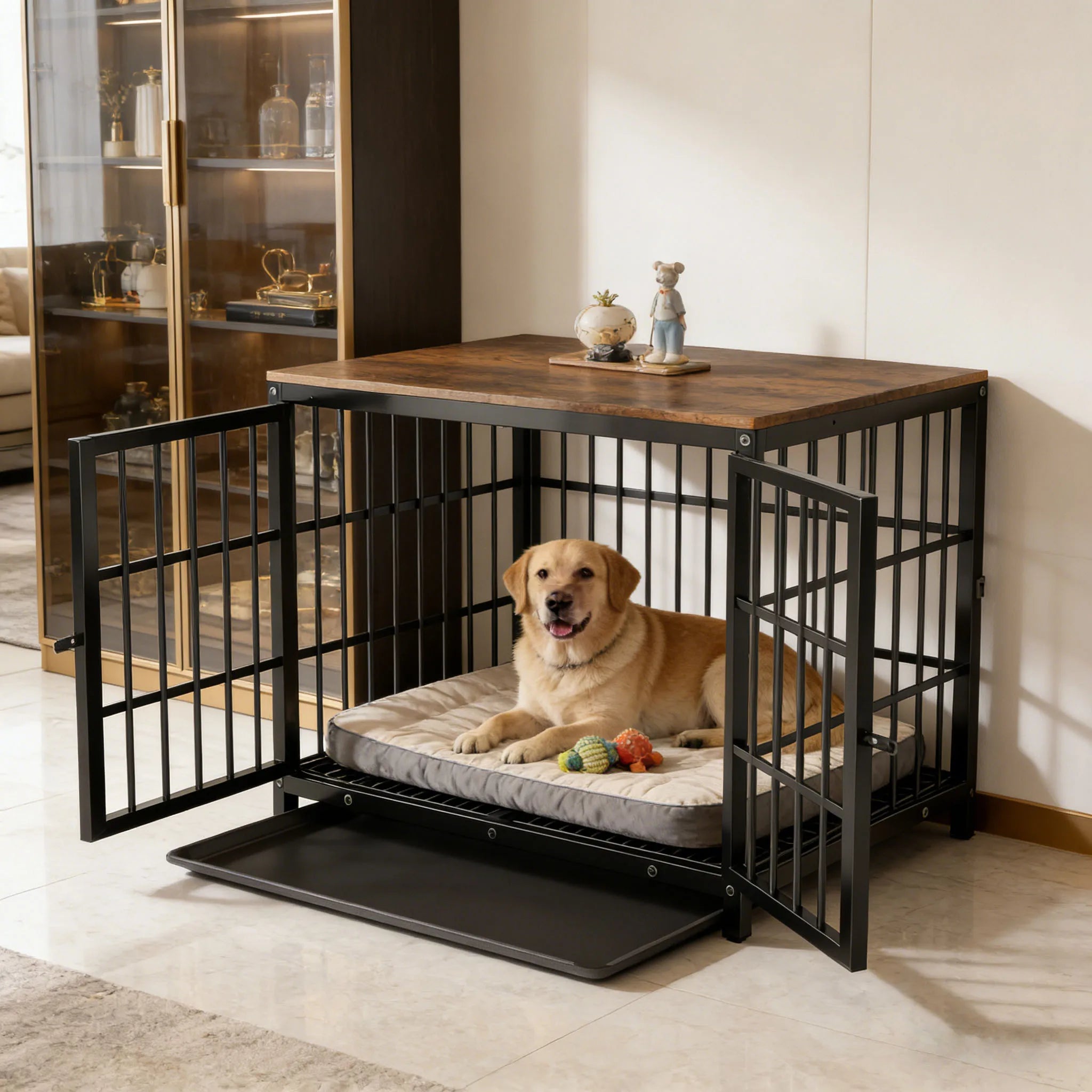 M/L/XL/2XL Dog Crate Cage Furniture Wooden Pet Kennel Table with Three Doors and Removable Tray Deco