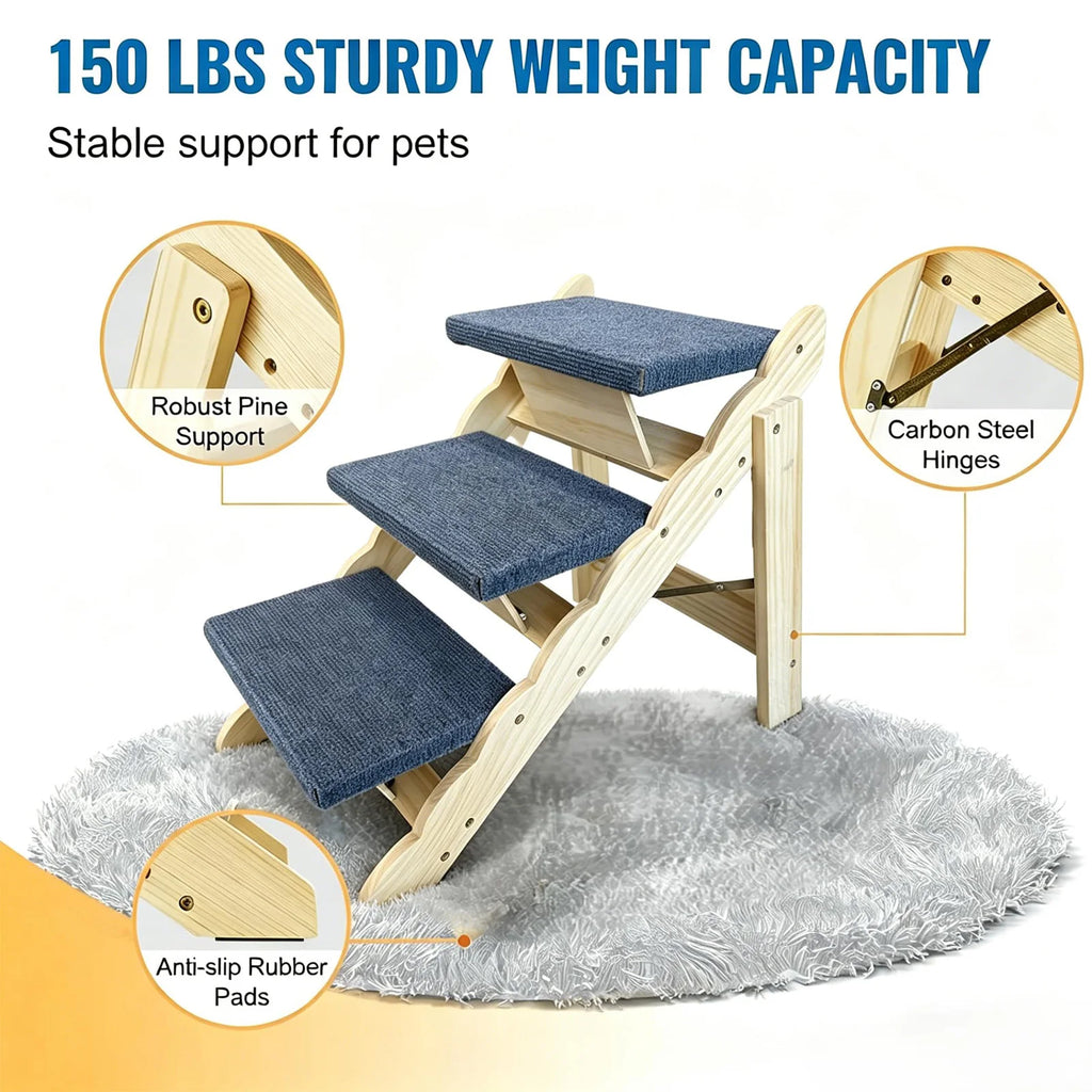 2-in-1 Wooden Pet Stairs & Folding Dog Ramp 3/4 Step Anti-Slip Ladder For High Beds Cars Indoor Cats Dogs Support Up To 150lbs