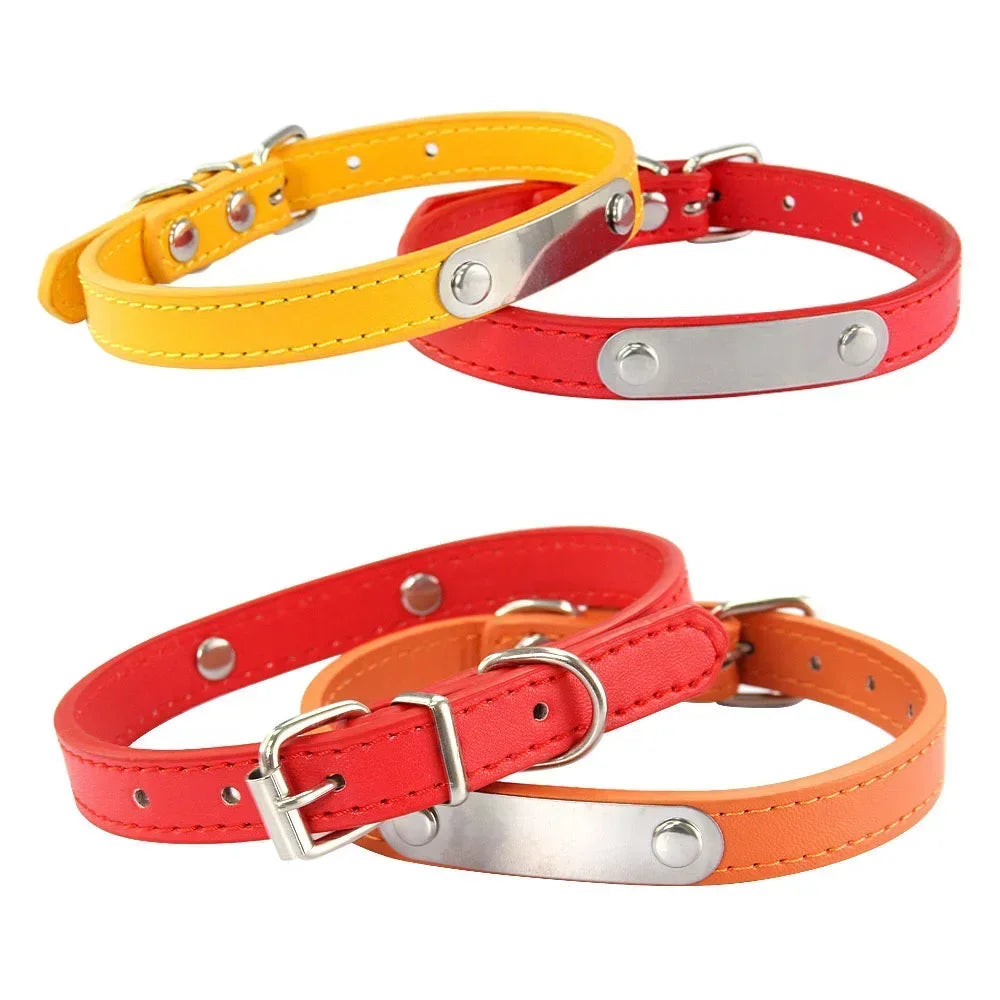 Personalized Dog Collar Name Carved ID Anti-lost Solid PU Leather Collar For Small Medium Large Dogs