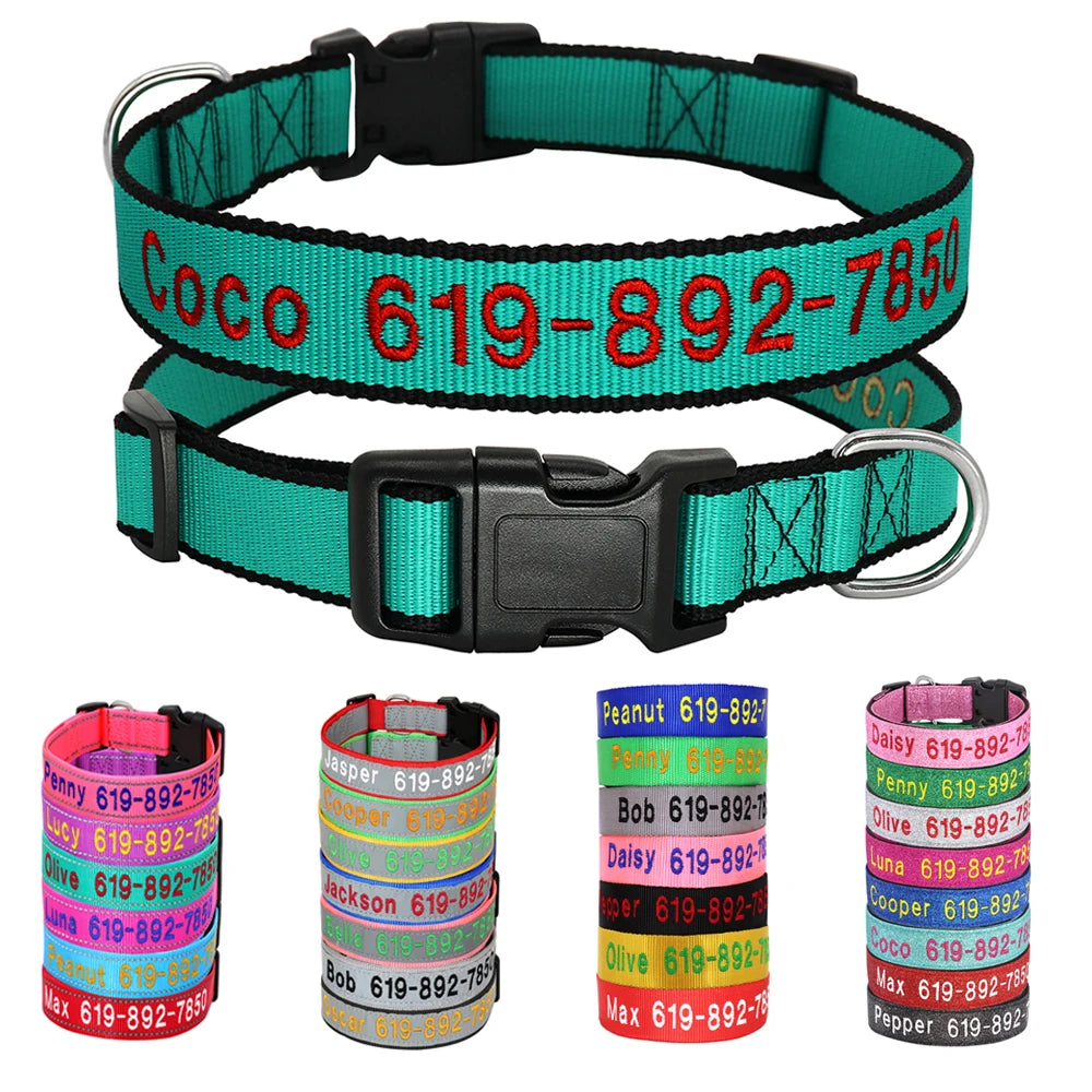 Adjustable Nylon Embroidered Dog Collar Custom ID Name Accessories Pet Collars